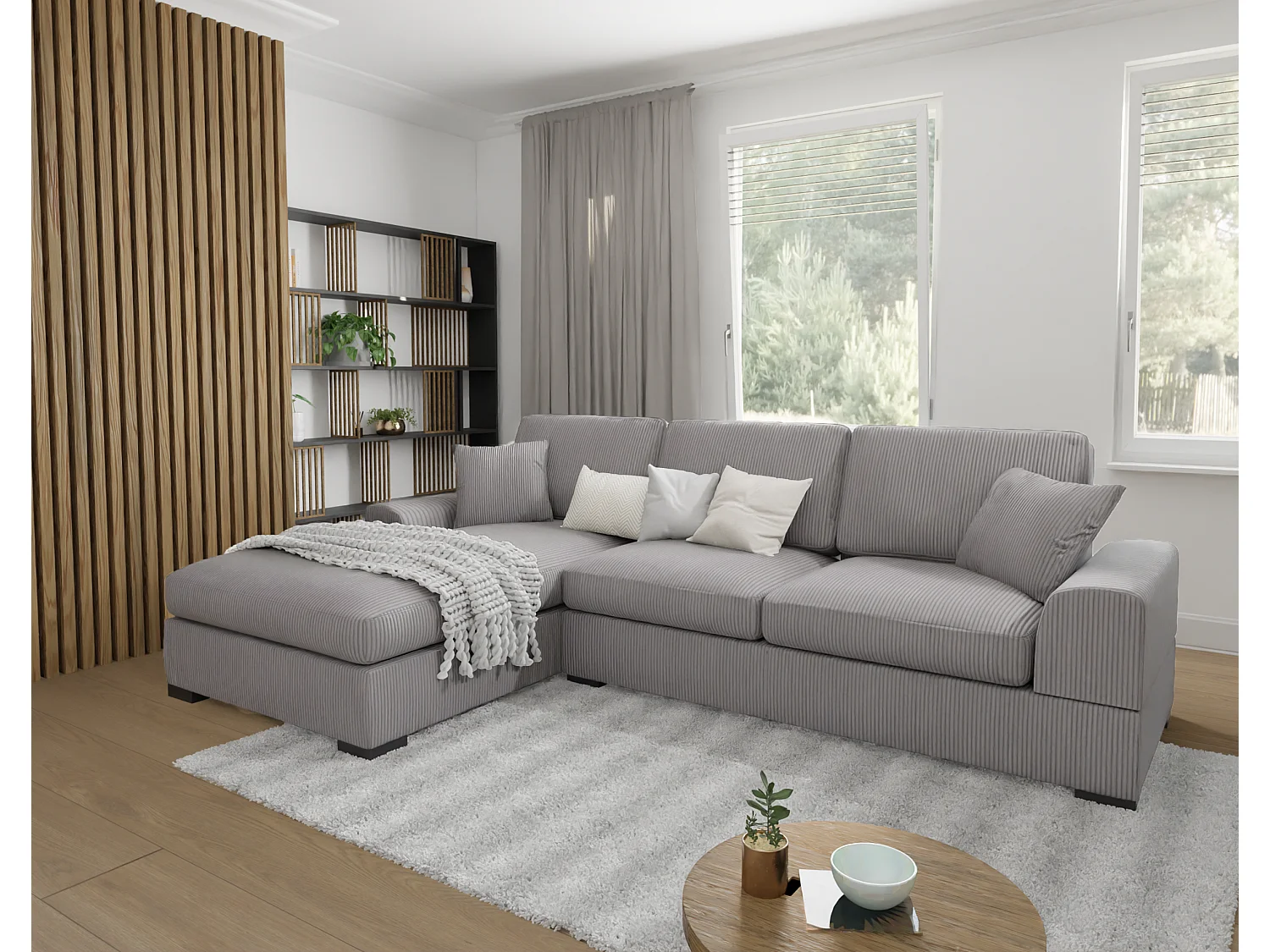 Canapé d’angle avec fonction lit en tissu côtelé gris clair, offrant un confort d’assise agréable, avec pieds en bois noir INGA