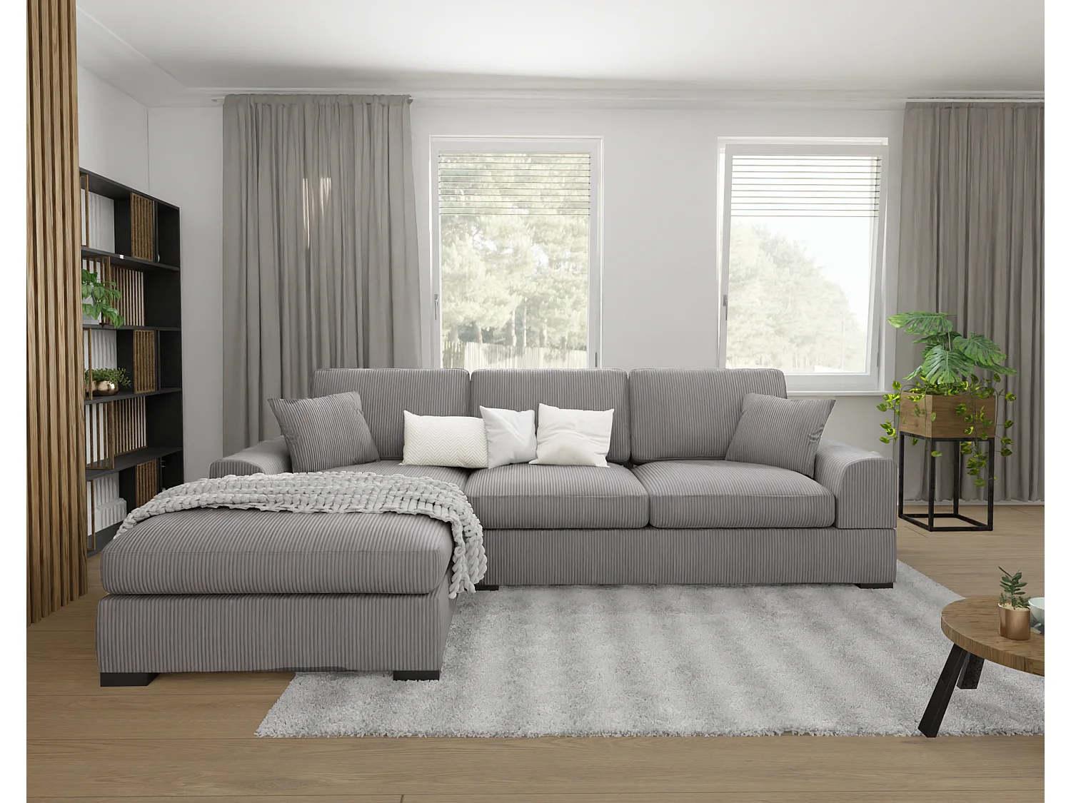 Canapé d’angle avec fonction lit en tissu côtelé gris clair, offrant un confort d’assise agréable, avec pieds en bois noir INGA