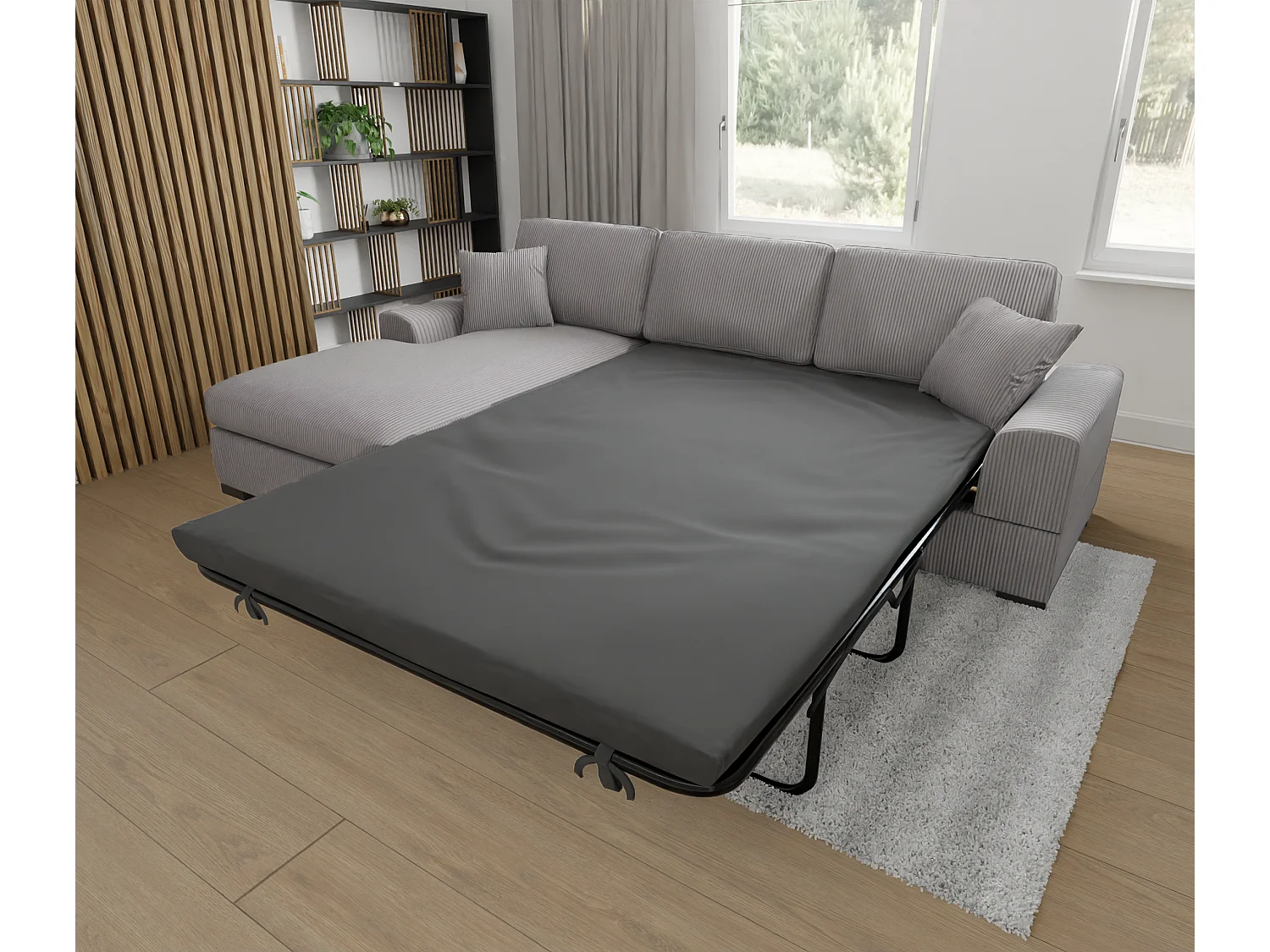 Canapé d’angle avec fonction lit en tissu côtelé gris clair, offrant un confort d’assise agréable, avec pieds en bois noir INGA