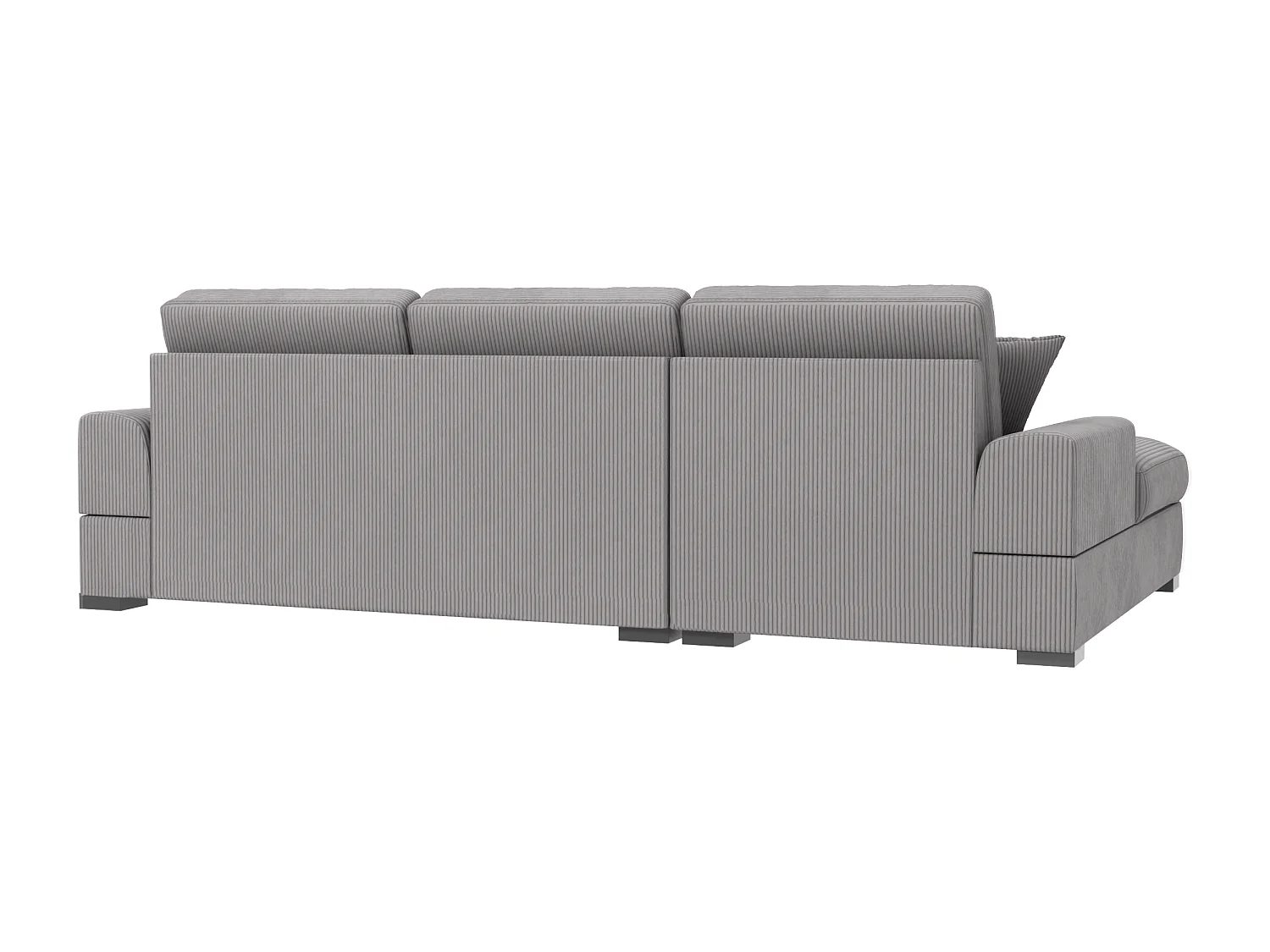 Canapé d’angle avec fonction lit en tissu côtelé gris clair, offrant un confort d’assise agréable, avec pieds en bois noir INGA