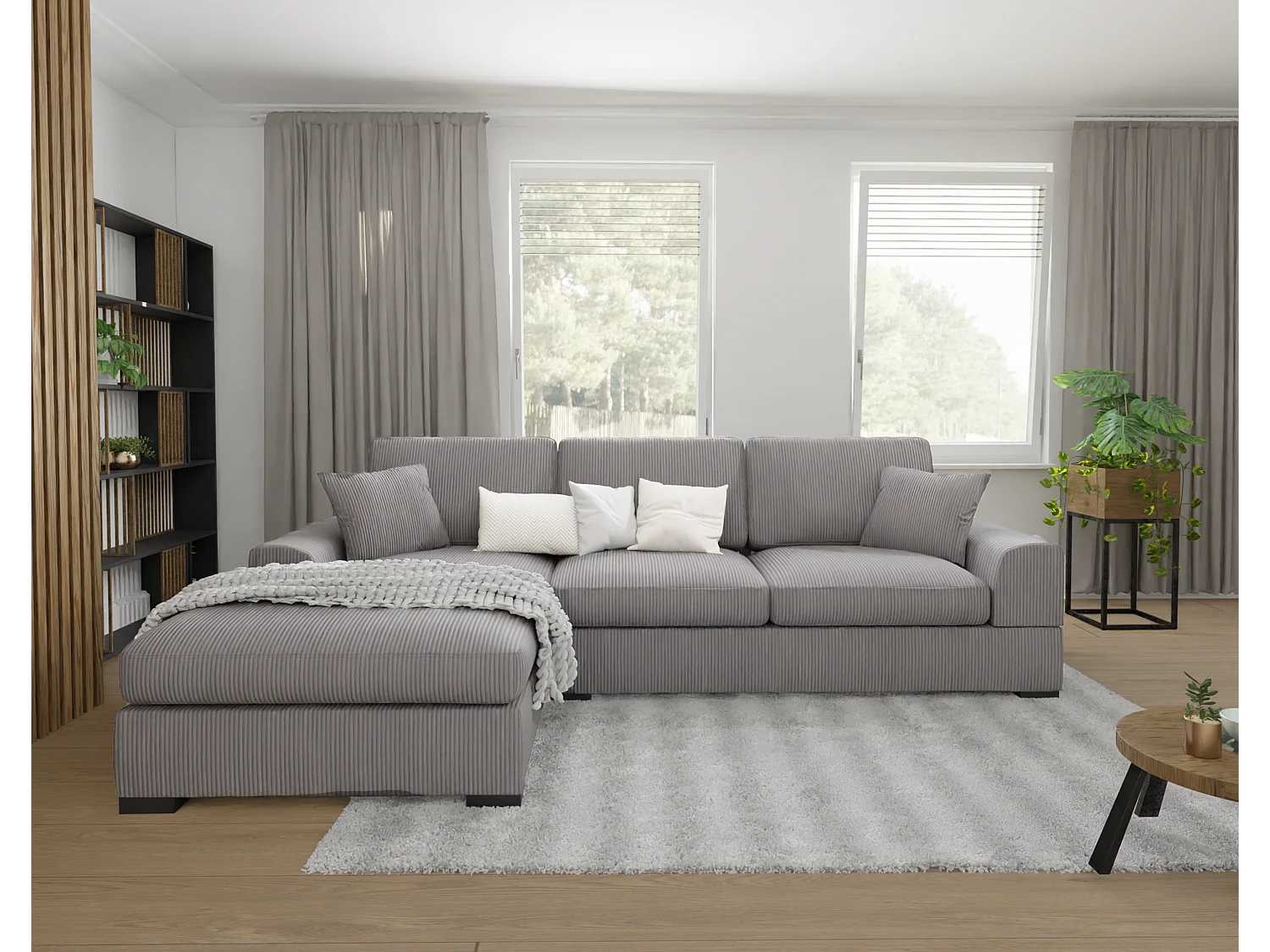 Canapé d’angle avec fonction lit en tissu côtelé gris clair, offrant un confort d’assise agréable, avec pieds en bois noir INGA