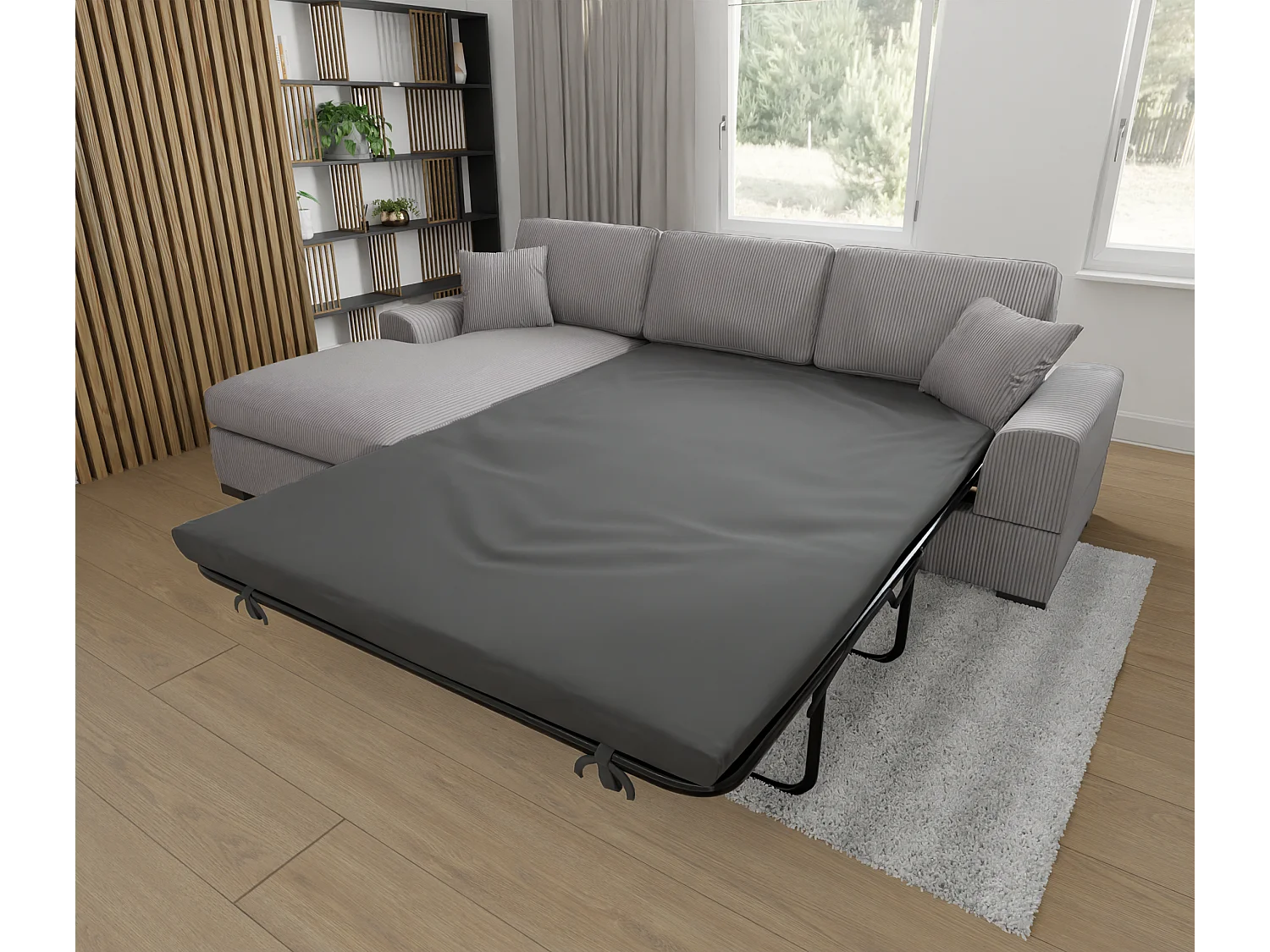 Canapé d’angle avec fonction lit en tissu côtelé gris clair, offrant un confort d’assise agréable, avec pieds en bois noir INGA