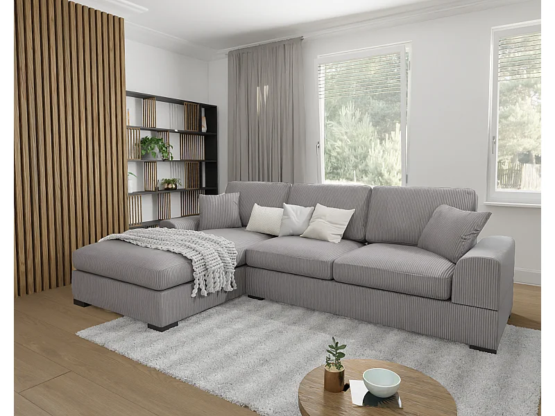 Canapé d’angle avec fonction lit en tissu côtelé gris clair, offrant un confort d’assise agréable, avec pieds en bois noir INGA