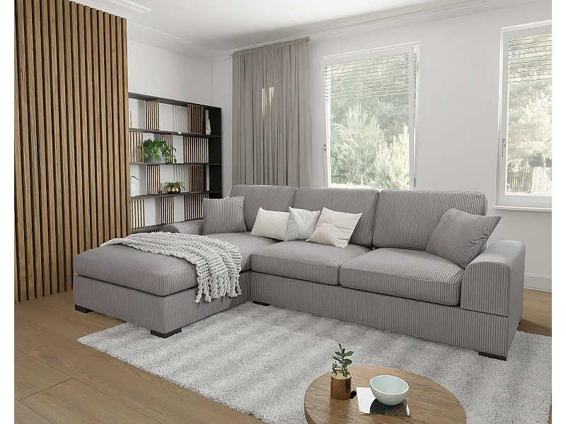 Canapé d’angle avec fonction lit en tissu côtelé gris clair, offrant un confort d’assise agréable, avec pieds en bois noir INGA