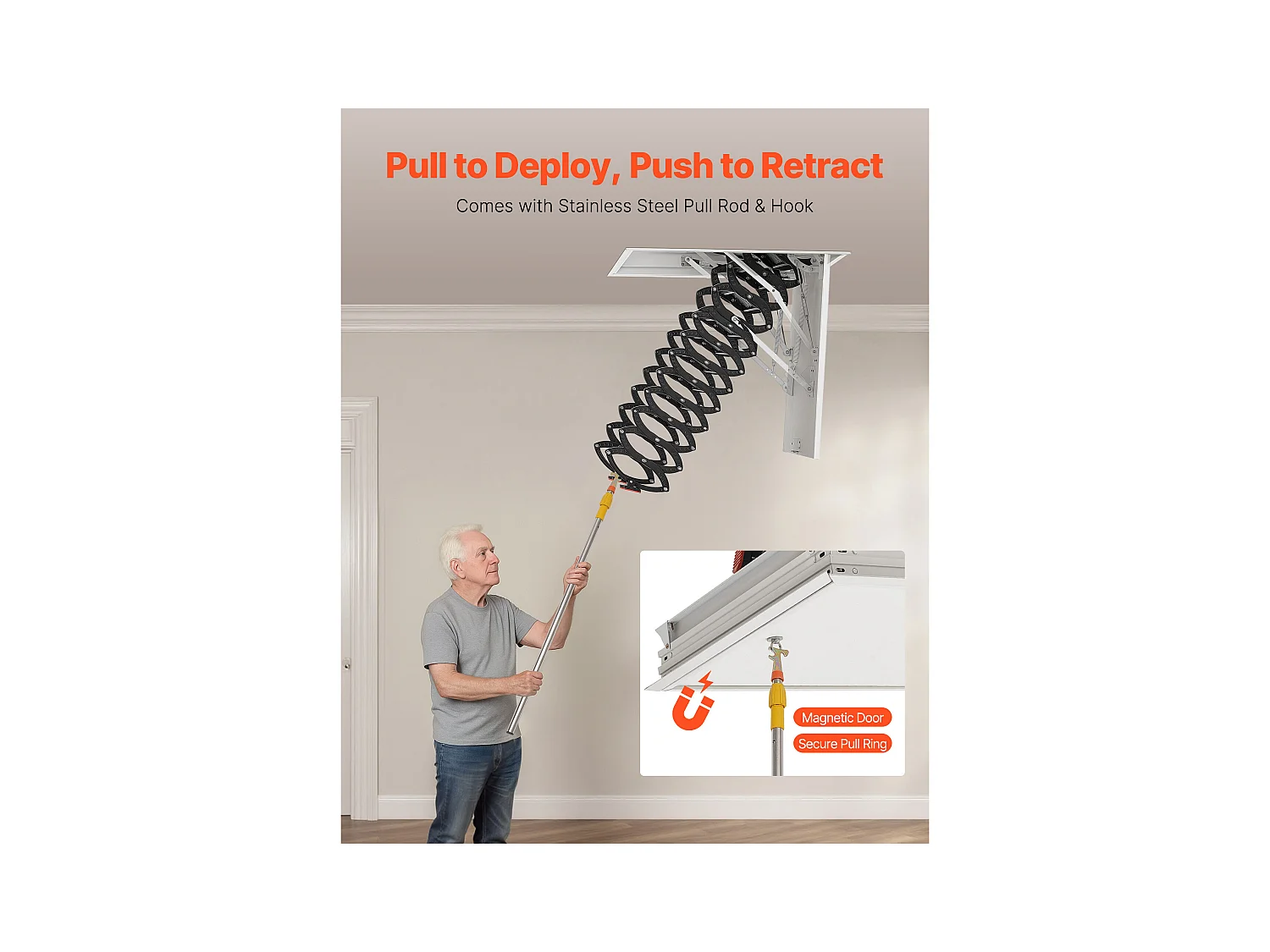 Échelle SucceBuy de Grenier Rétractable, Capacité 299,4 kg, Adaptée pour une Hauteur d'Installation de 3,2 à 3,35 m, Ouverture de 100 x 69.85 cm