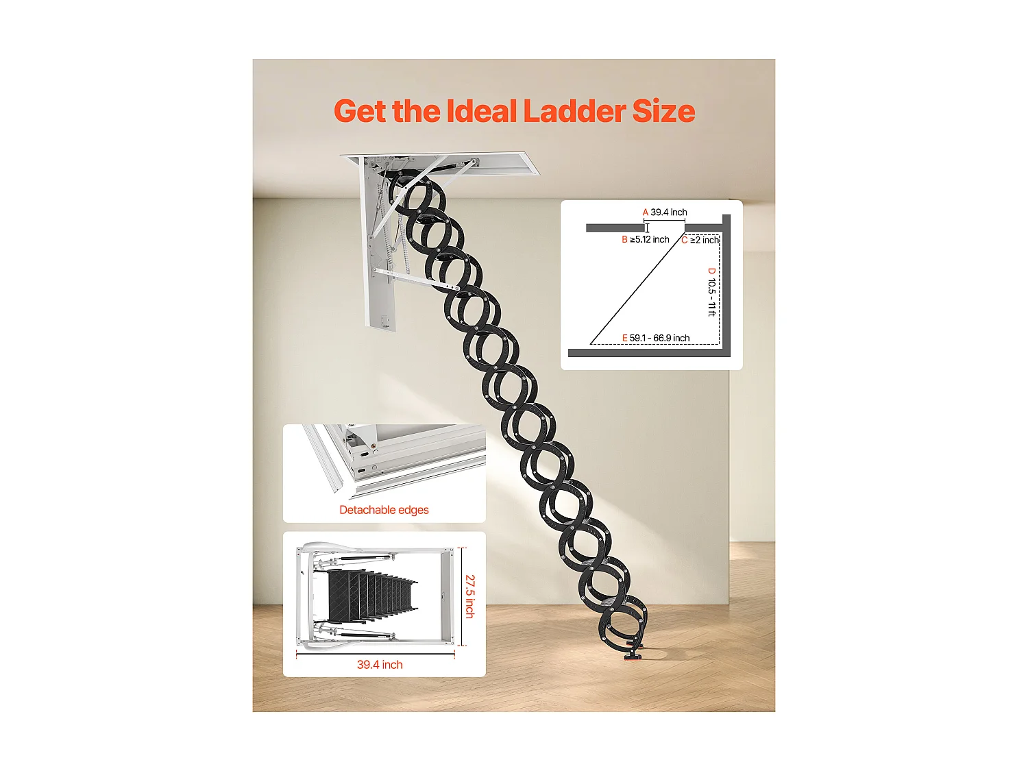 Échelle SucceBuy de Grenier Rétractable, Capacité 299,4 kg, Adaptée pour une Hauteur d'Installation de 3,2 à 3,35 m, Ouverture de 100 x 69.85 cm