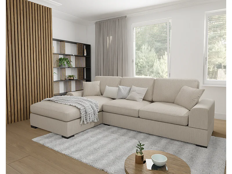 Canapé d’angle avec fonction lit en tissu côtelé beige, offrant un confort d’assise agréable, avec pieds en bois noir INGA