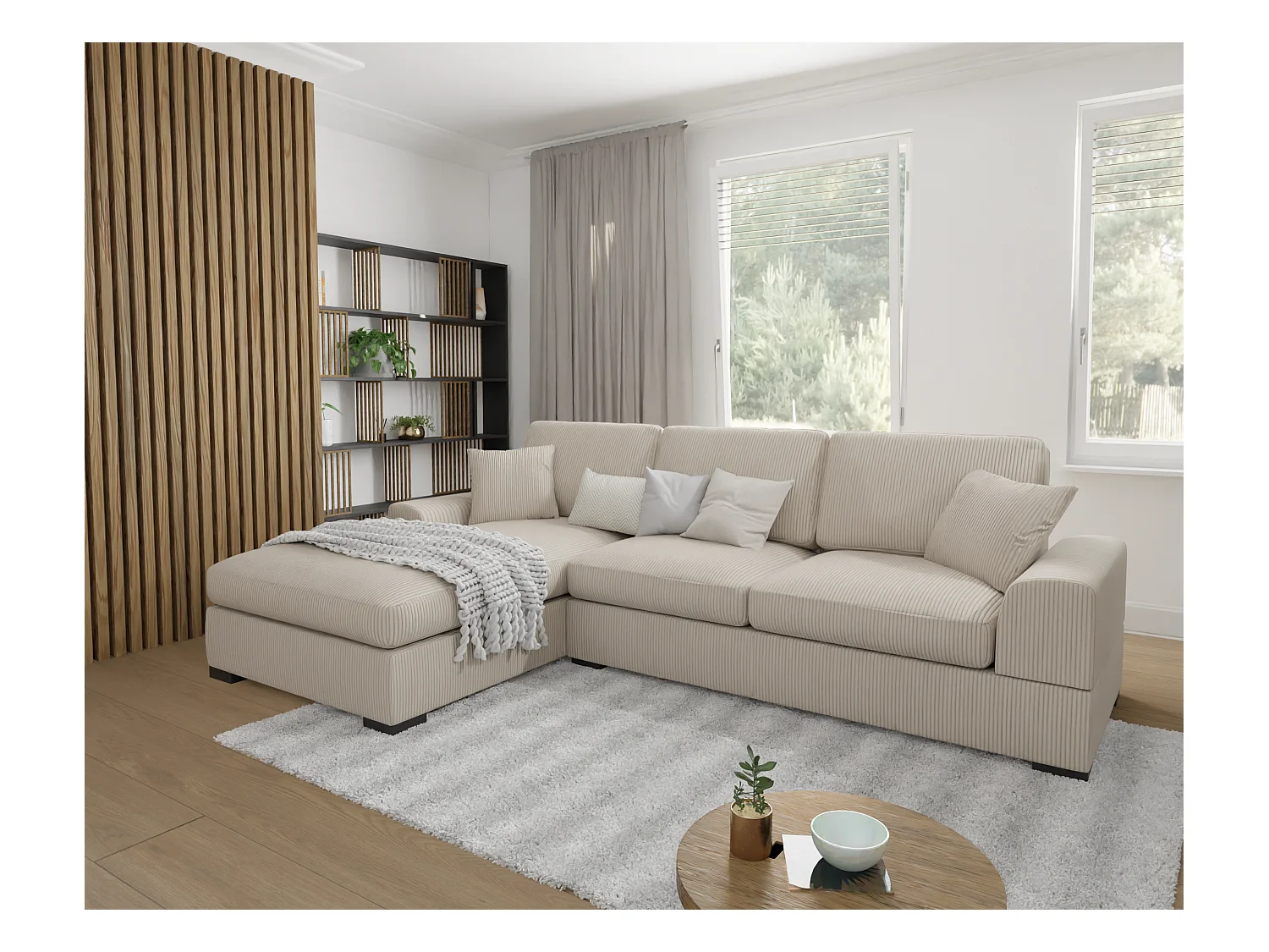 Canapé d’angle avec fonction lit en tissu côtelé beige, offrant un confort d’assise agréable, avec pieds en bois noir INGA