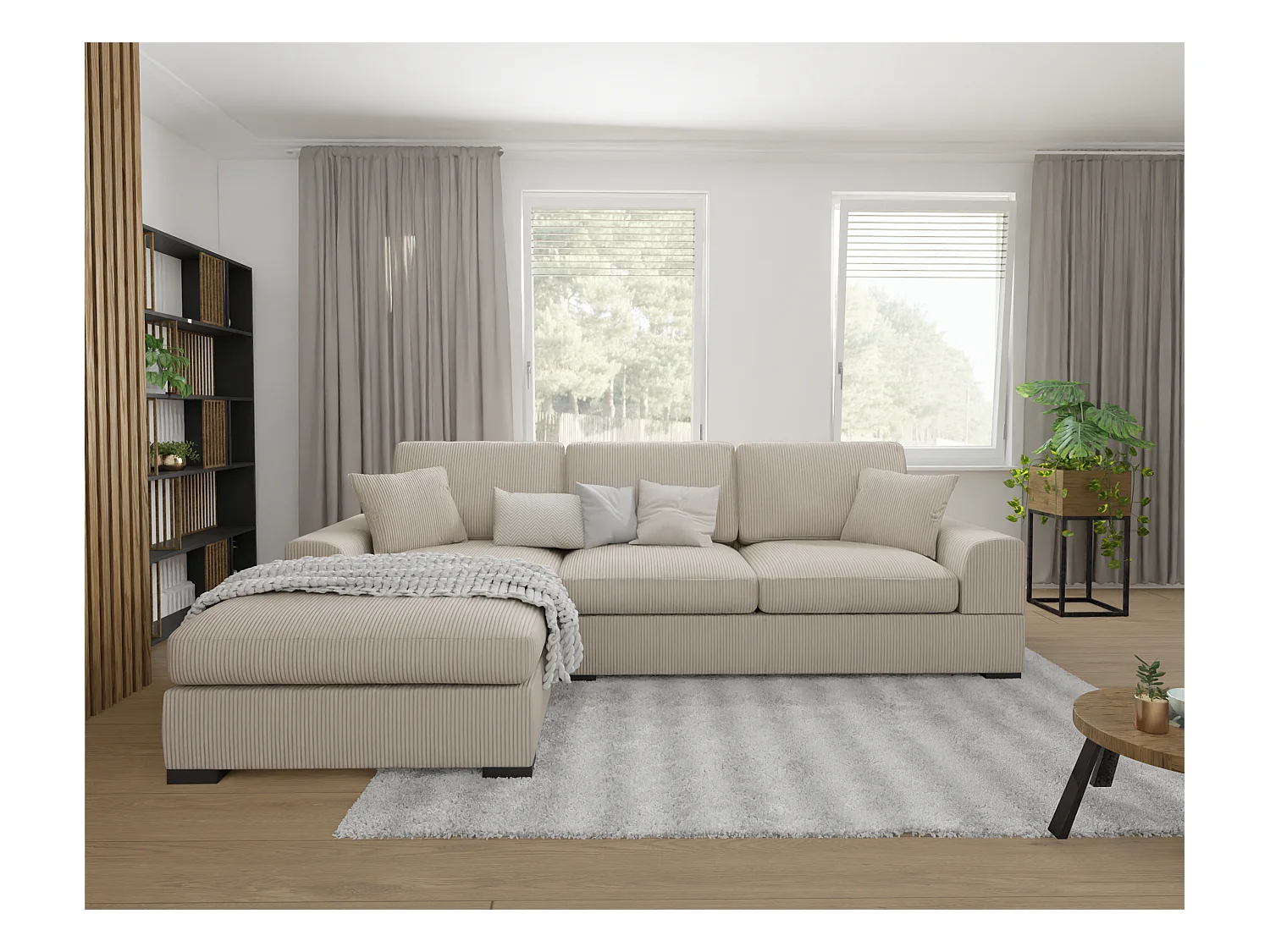 Canapé d’angle avec fonction lit en tissu côtelé beige, offrant un confort d’assise agréable, avec pieds en bois noir INGA