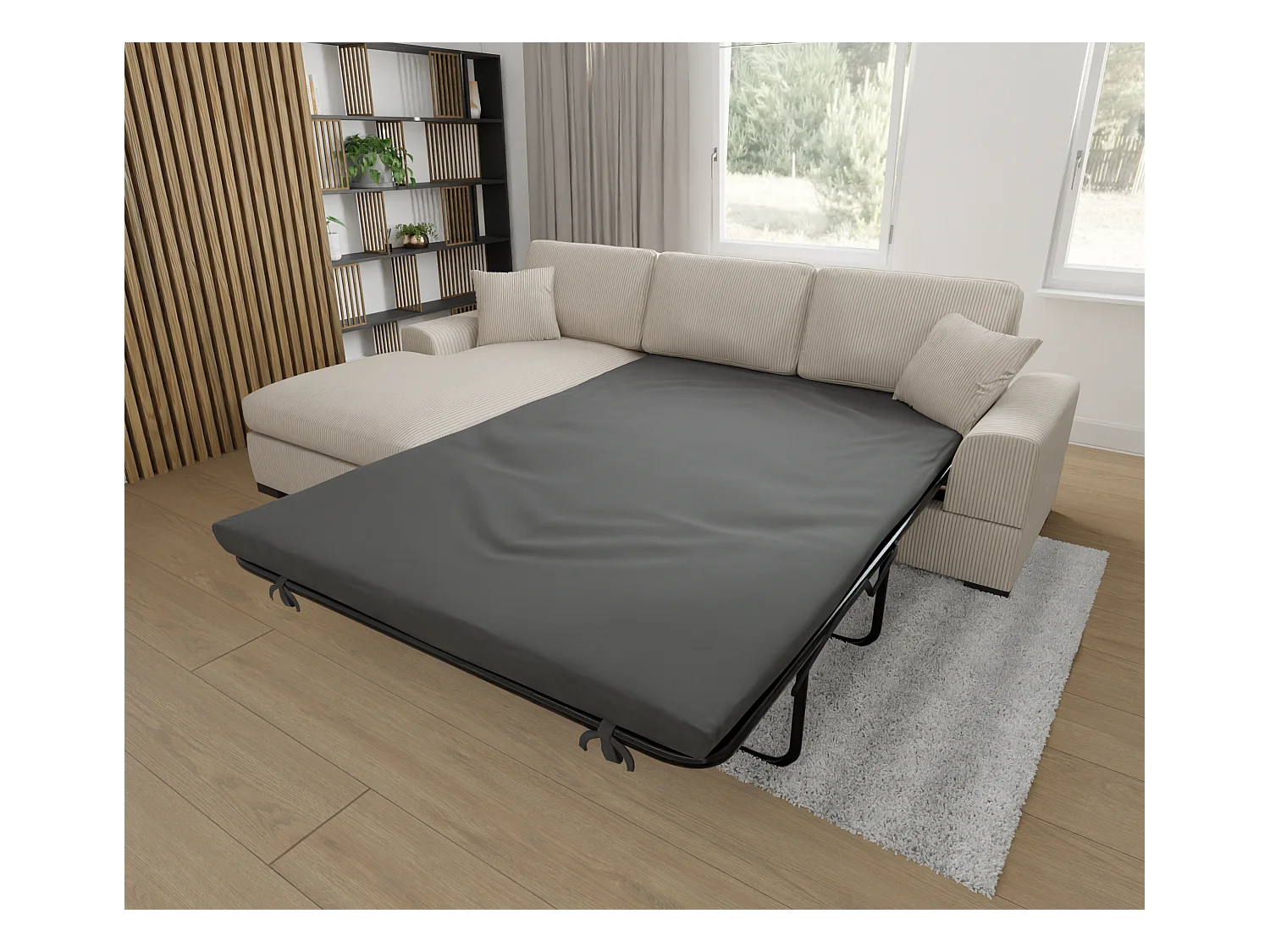 Canapé d’angle avec fonction lit en tissu côtelé beige, offrant un confort d’assise agréable, avec pieds en bois noir INGA