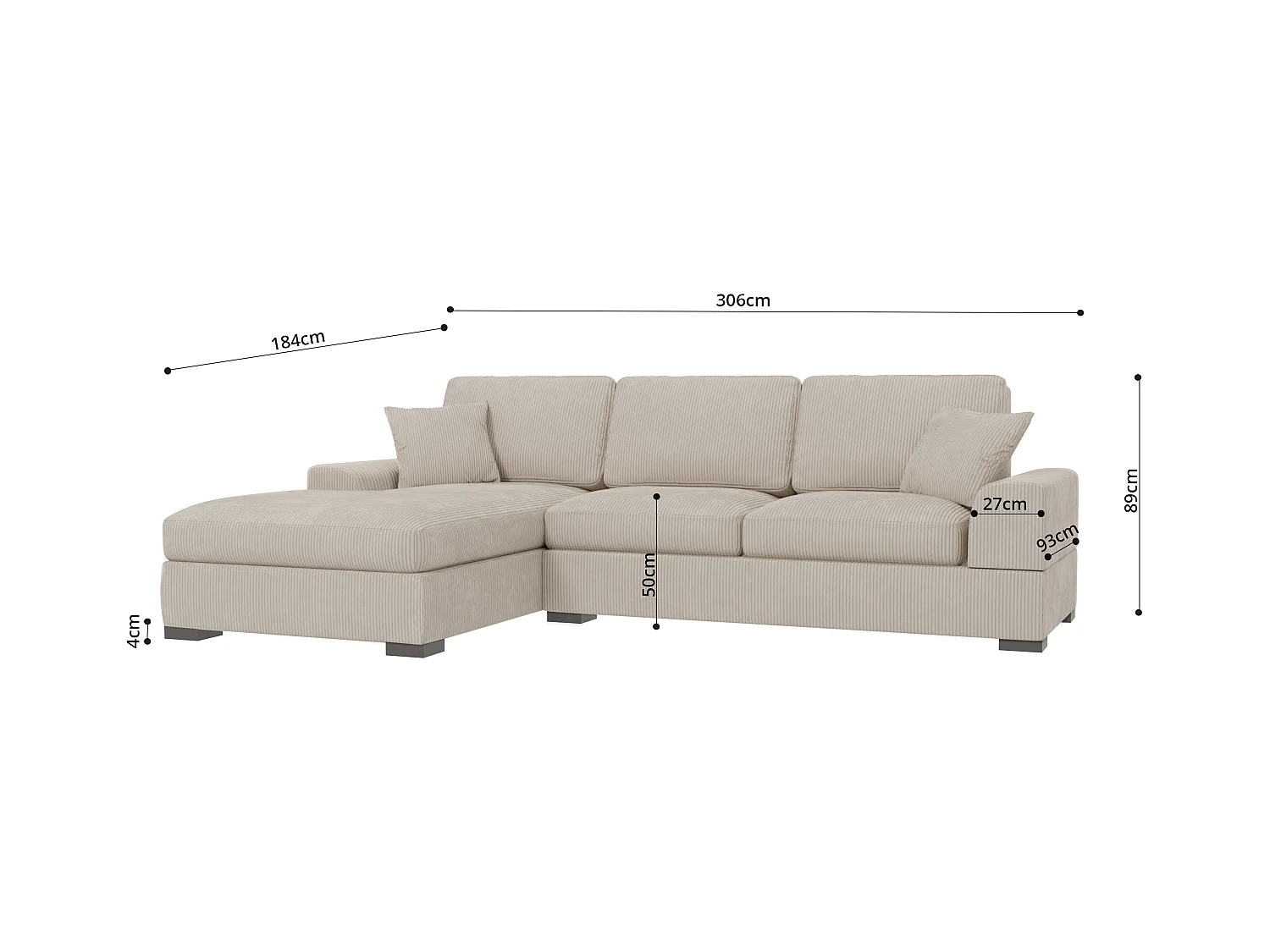 Canapé d’angle avec fonction lit en tissu côtelé beige, offrant un confort d’assise agréable, avec pieds en bois noir INGA