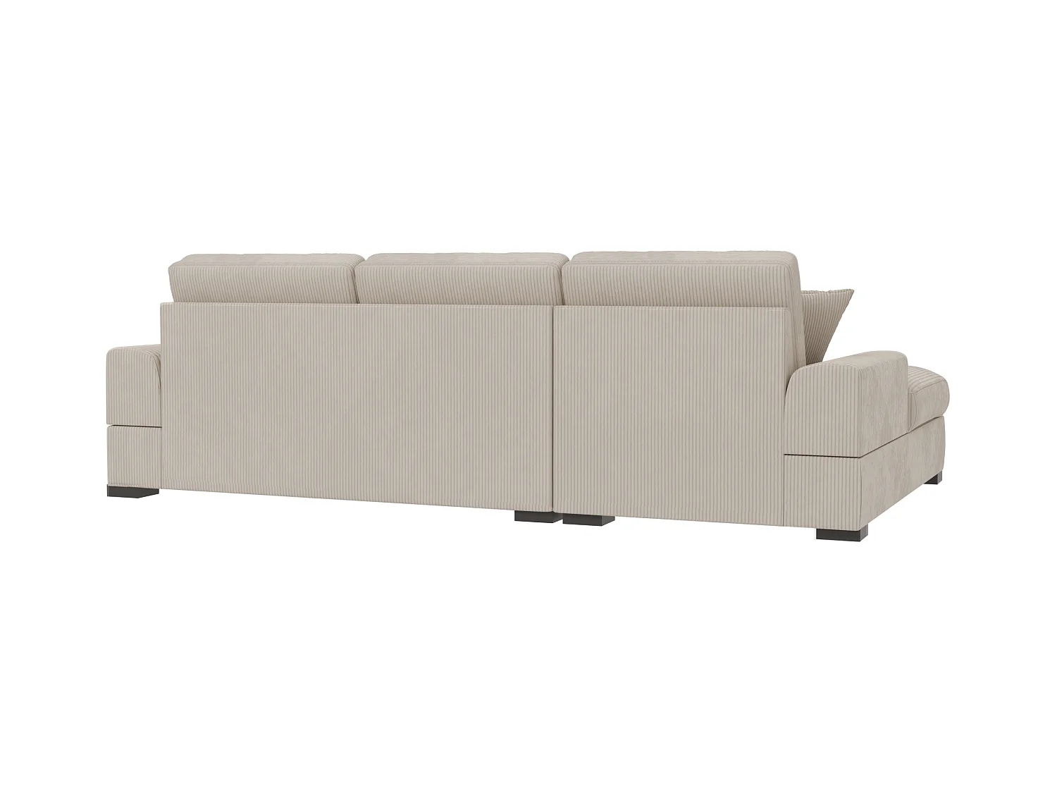 Canapé d’angle avec fonction lit en tissu côtelé beige, offrant un confort d’assise agréable, avec pieds en bois noir INGA