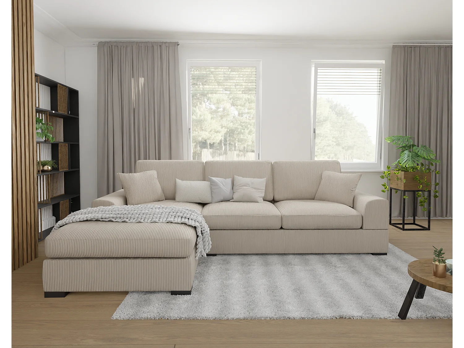 Canapé d’angle avec fonction lit en tissu côtelé beige, offrant un confort d’assise agréable, avec pieds en bois noir INGA