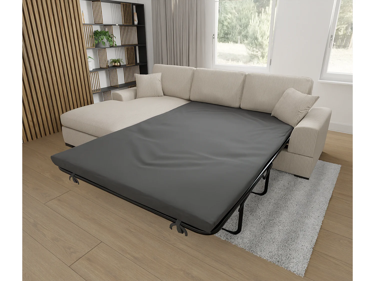 Canapé d’angle avec fonction lit en tissu côtelé beige, offrant un confort d’assise agréable, avec pieds en bois noir INGA