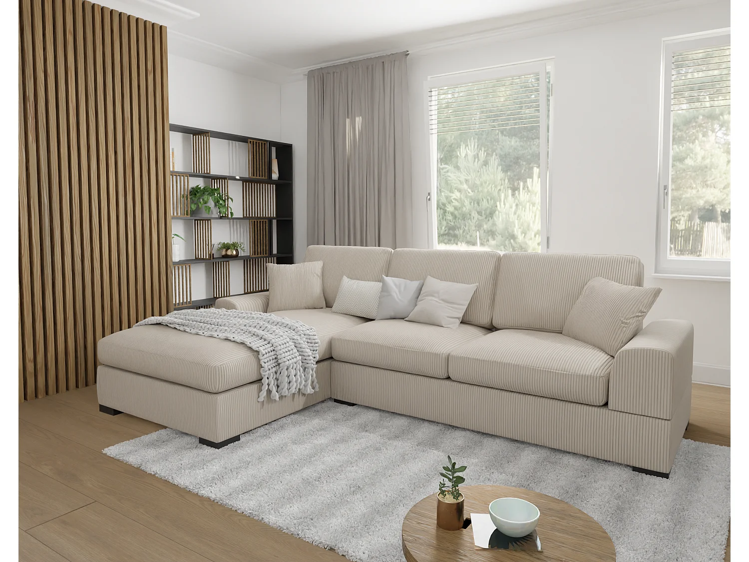 Canapé d’angle avec fonction lit en tissu côtelé beige, offrant un confort d’assise agréable, avec pieds en bois noir INGA