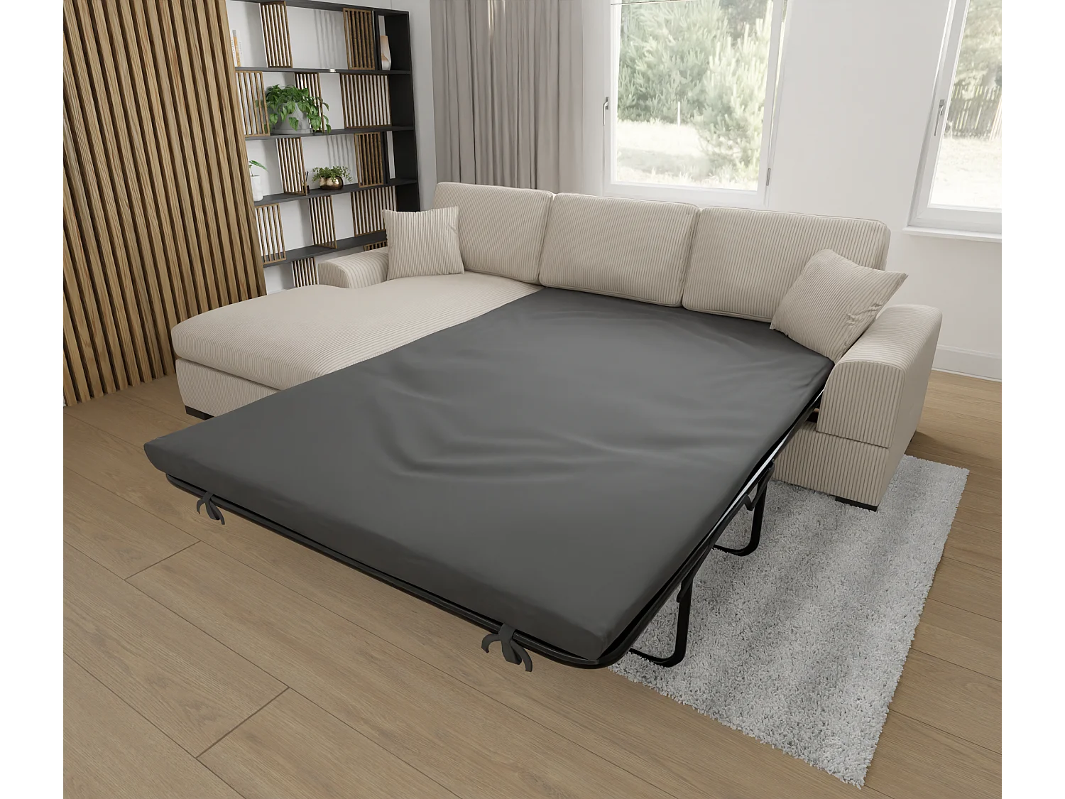 Canapé d’angle avec fonction lit en tissu côtelé beige, offrant un confort d’assise agréable, avec pieds en bois noir INGA
