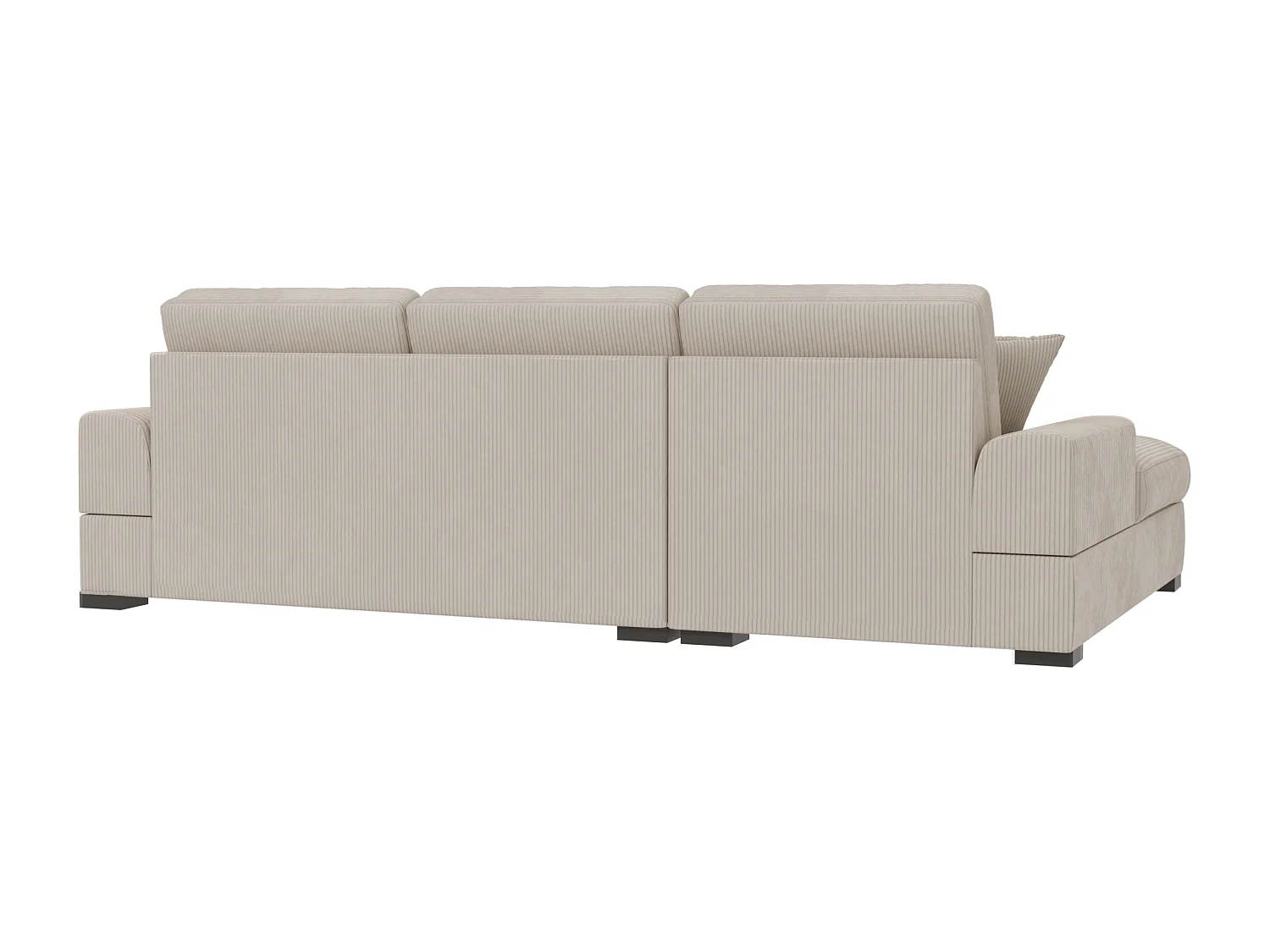 Canapé d’angle avec fonction lit en tissu côtelé beige, offrant un confort d’assise agréable, avec pieds en bois noir INGA