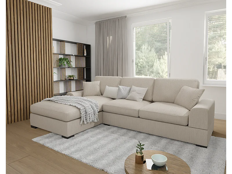 Canapé d’angle avec fonction lit en tissu côtelé beige, offrant un confort d’assise agréable, avec pieds en bois noir INGA