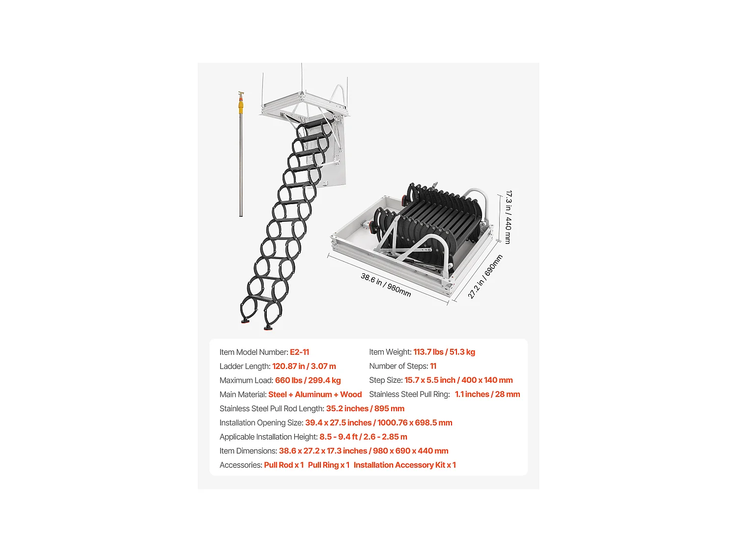 Échelle SucceBuy de Grenier Rétractable, Capacité de Charge 299,4 kg, Adaptée pour une Hauteur d'Installation de 2,6 à 2,85 m, Ouverture de 100 x 69.85 cm