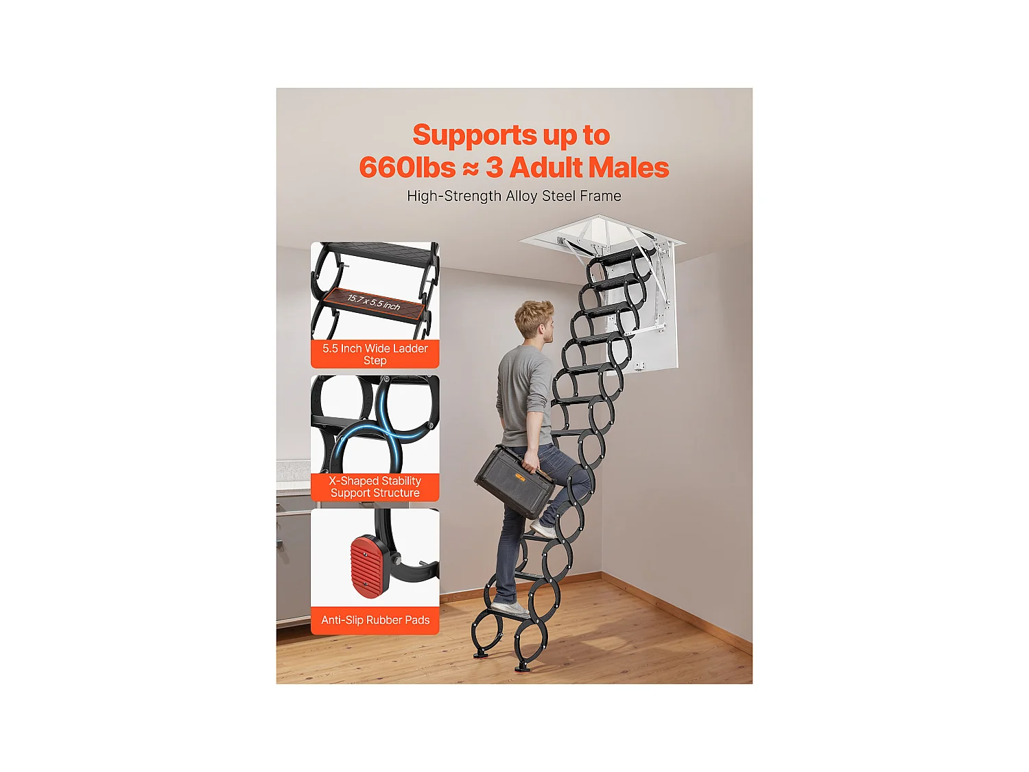 Échelle SucceBuy de Grenier Rétractable, Capacité de Charge 299,4 kg, Adaptée pour une Hauteur d'Installation de 2,6 à 2,85 m, Ouverture de 100 x 69.85 cm