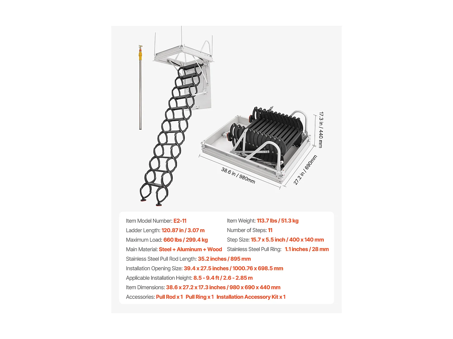 Échelle SucceBuy de Grenier Rétractable, Capacité de Charge 299,4 kg, Adaptée pour une Hauteur d'Installation de 2,6 à 2,85 m, Ouverture de 100 x 69.85 cm