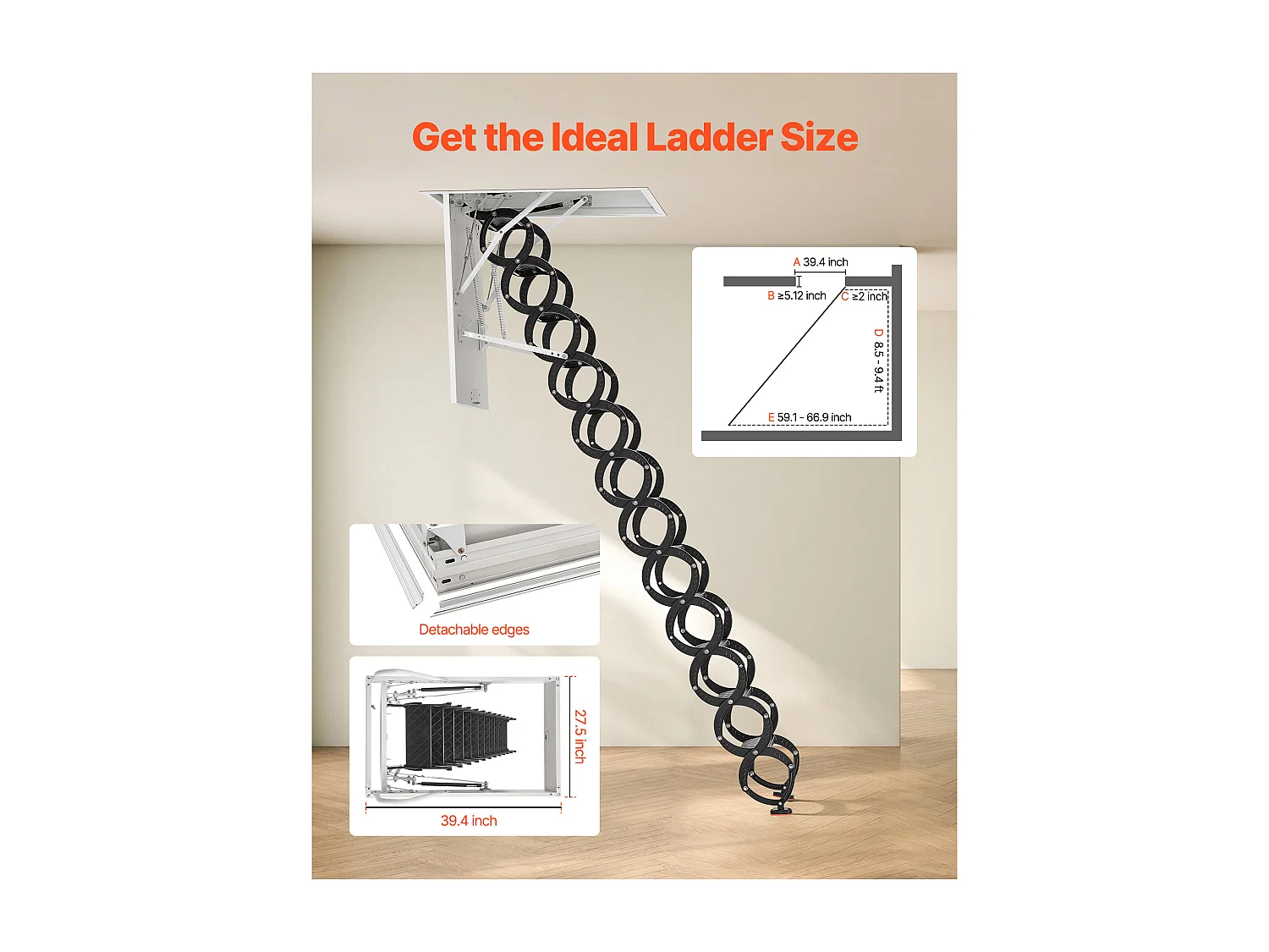 Échelle SucceBuy de Grenier Rétractable, Capacité de Charge 299,4 kg, Adaptée pour une Hauteur d'Installation de 2,6 à 2,85 m, Ouverture de 100 x 69.85 cm