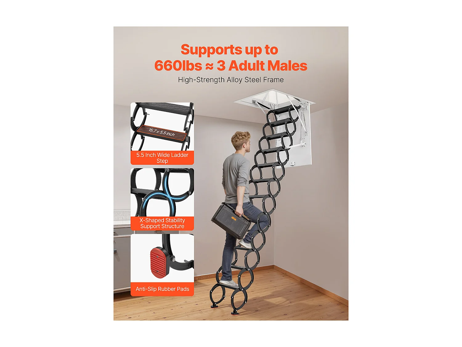 Échelle SucceBuy de Grenier Rétractable, Capacité de Charge 299,4 kg, Adaptée pour une Hauteur d'Installation de 2,6 à 2,85 m, Ouverture de 100 x 69.85 cm