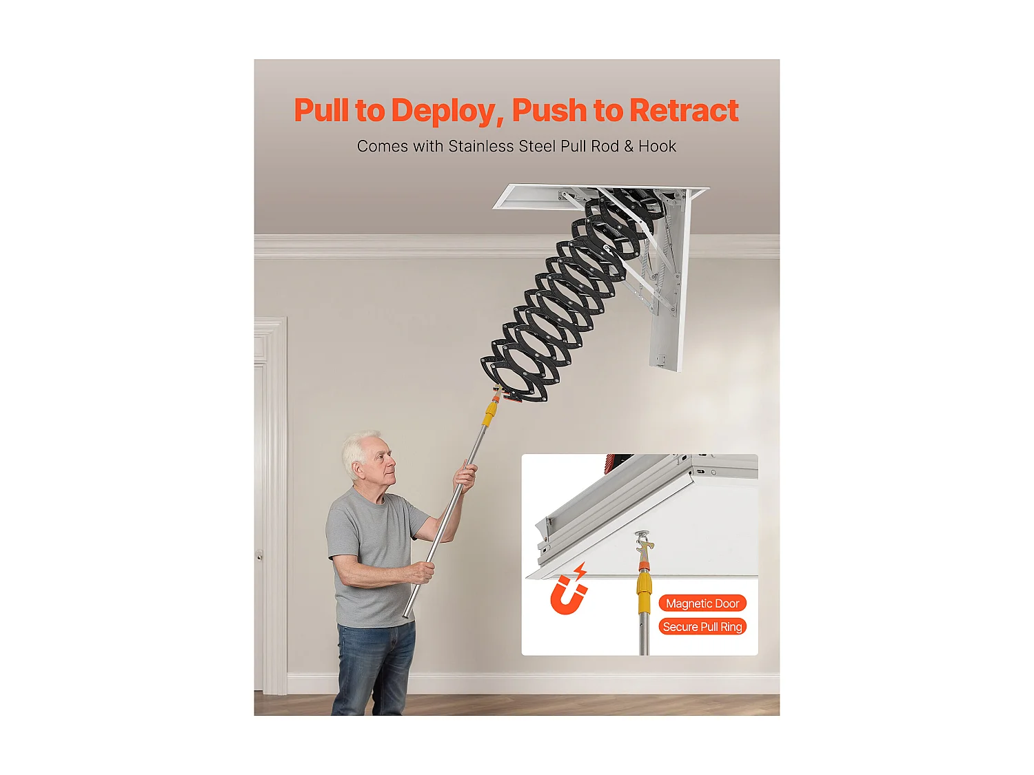 Échelle SucceBuy de Grenier Rétractable, Capacité de Charge 299,4 kg, Adaptée pour une Hauteur d'Installation de 2,6 à 2,85 m, Ouverture de 100 x 69.85 cm