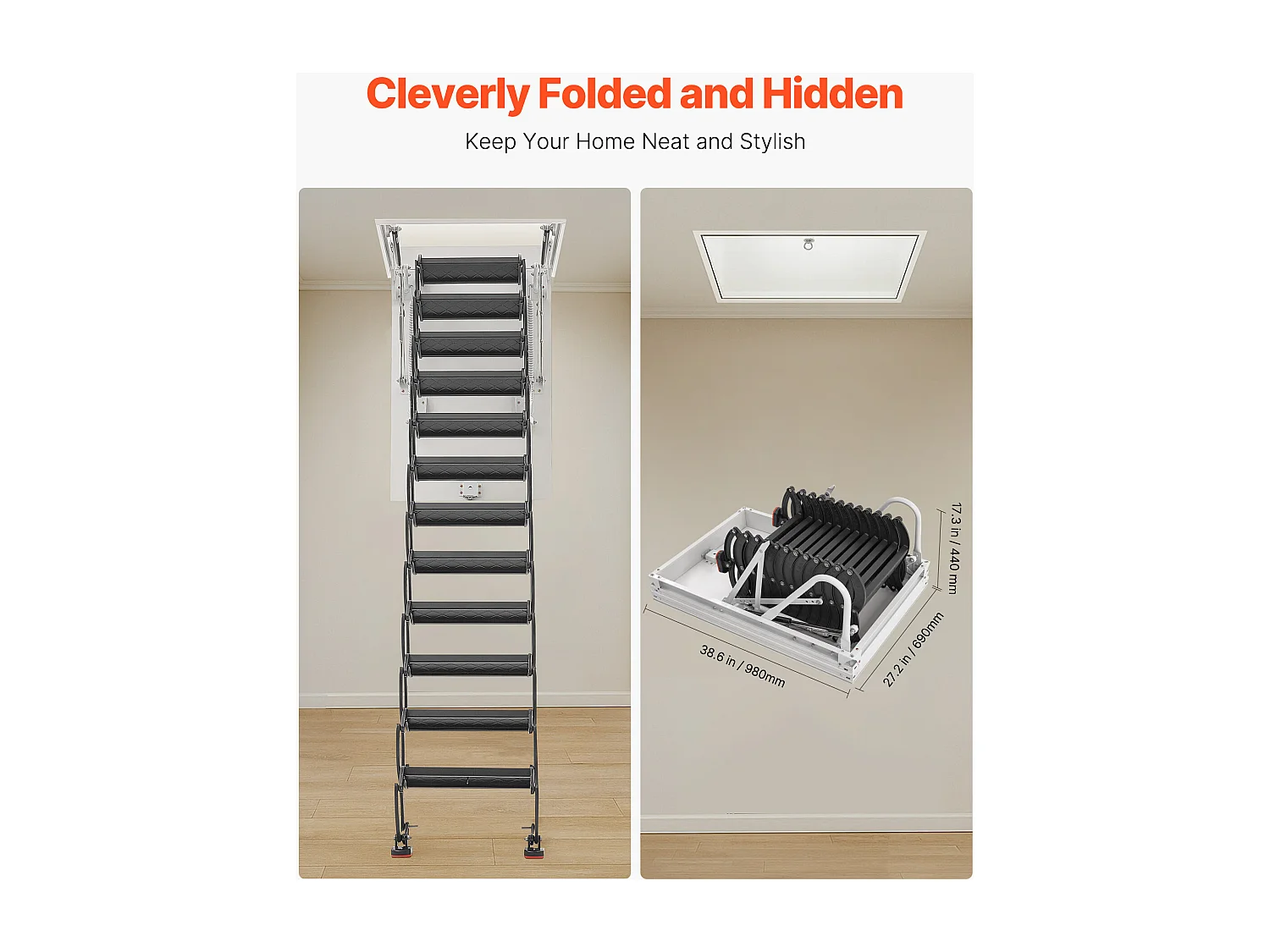 Échelle SucceBuy de Grenier Rétractable, Capacité de Charge 299,4 kg, Adaptée pour une Hauteur d'Installation de 2,6 à 2,85 m, Ouverture de 100 x 69.85 cm