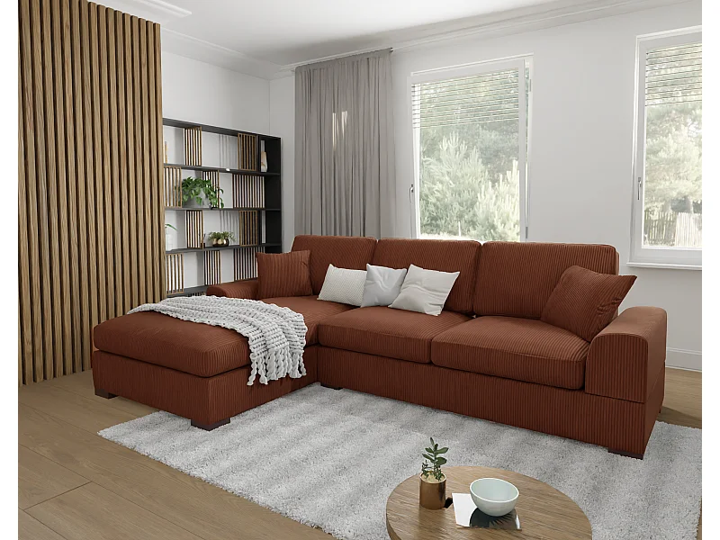 Canapé d’angle avec fonction lit en tissu côtelé terracotta, offrant un confort d’assise agréable, avec pieds en bois noir INGA