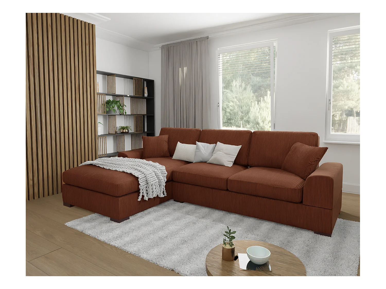 Canapé d’angle avec fonction lit en tissu côtelé terracotta, offrant un confort d’assise agréable, avec pieds en bois noir INGA