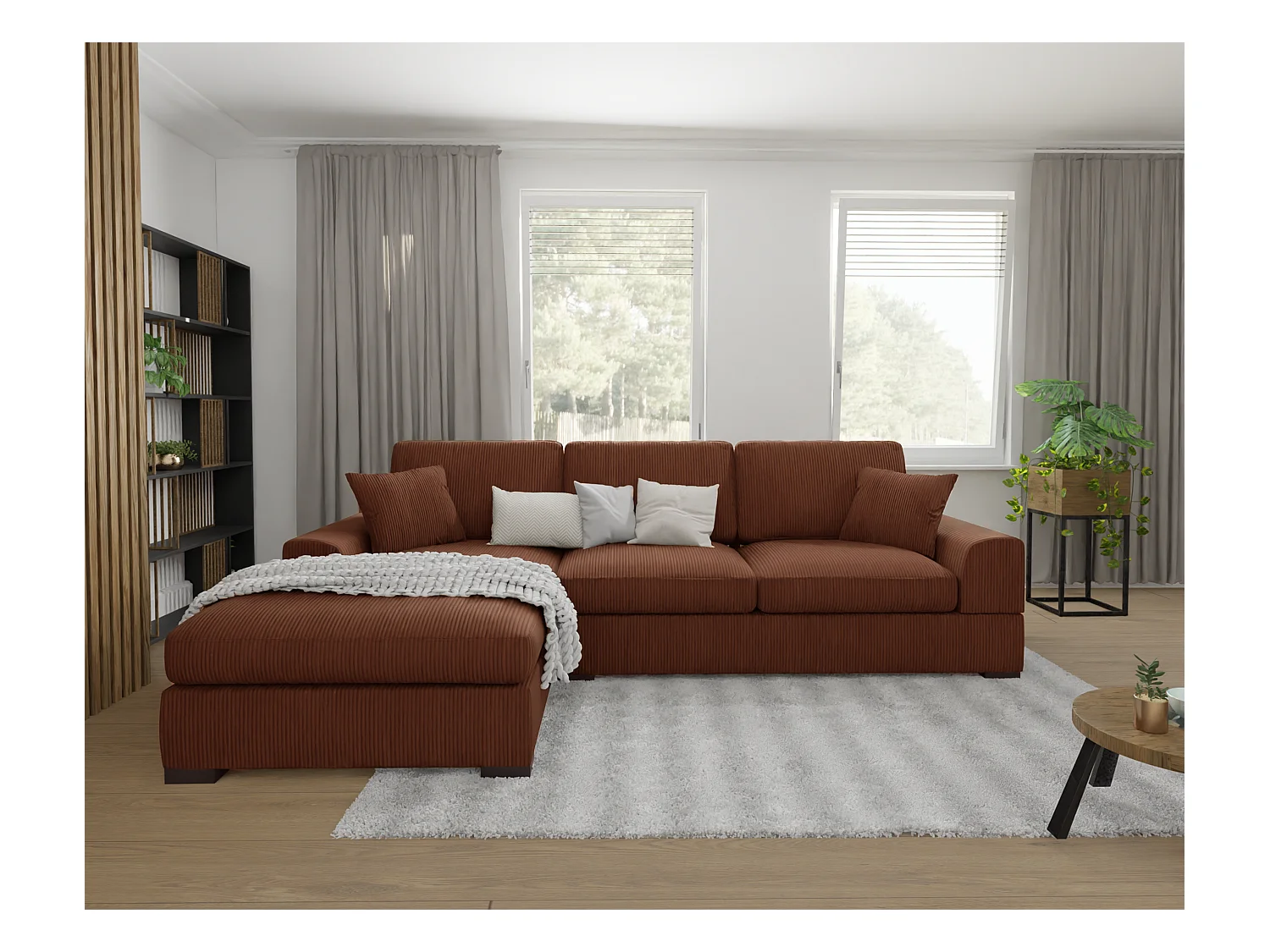 Canapé d’angle avec fonction lit en tissu côtelé terracotta, offrant un confort d’assise agréable, avec pieds en bois noir INGA