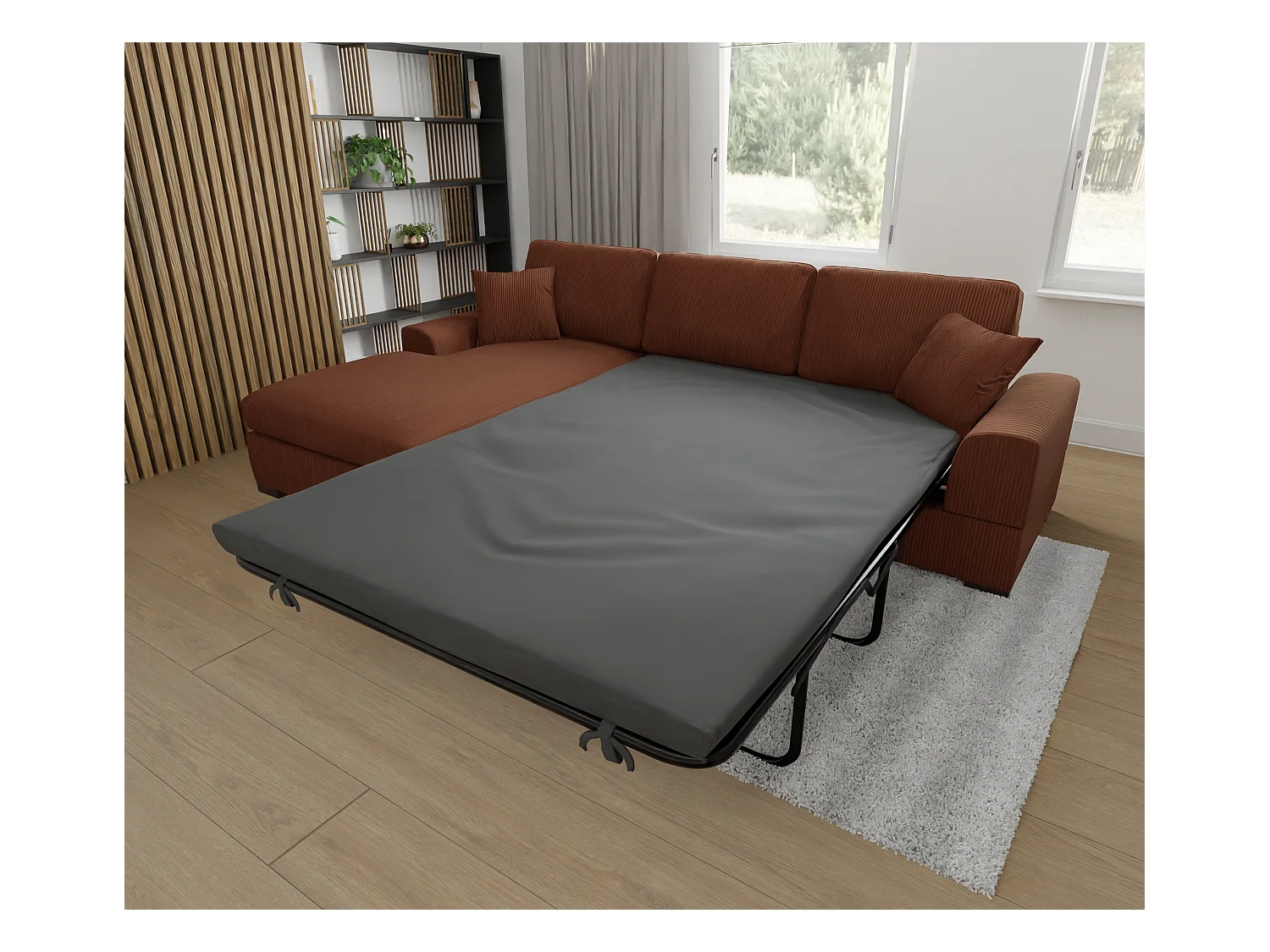 Canapé d’angle avec fonction lit en tissu côtelé terracotta, offrant un confort d’assise agréable, avec pieds en bois noir INGA