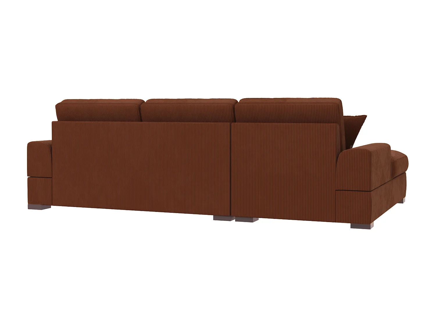 Canapé d’angle avec fonction lit en tissu côtelé terracotta, offrant un confort d’assise agréable, avec pieds en bois noir INGA