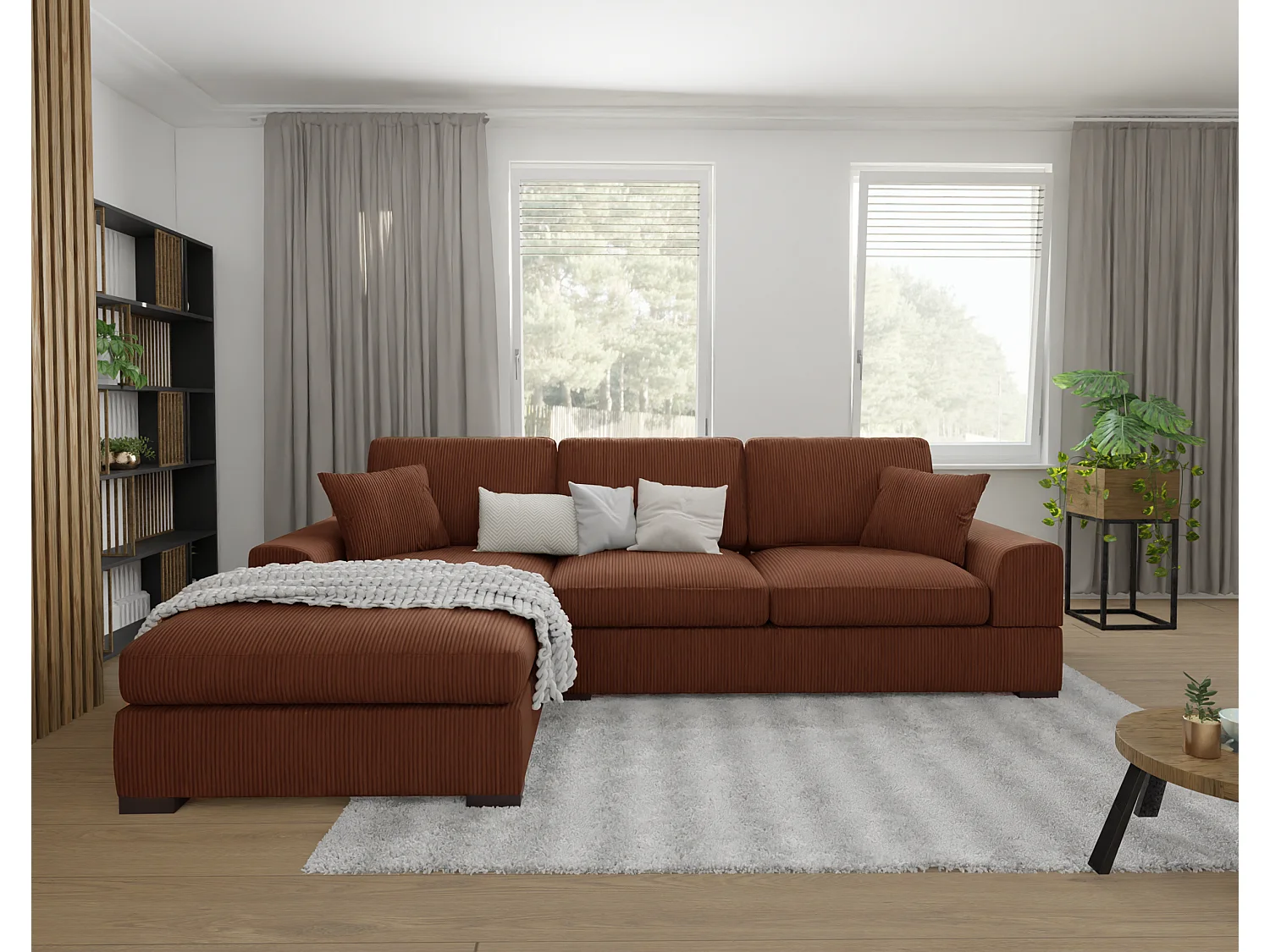 Canapé d’angle avec fonction lit en tissu côtelé terracotta, offrant un confort d’assise agréable, avec pieds en bois noir INGA