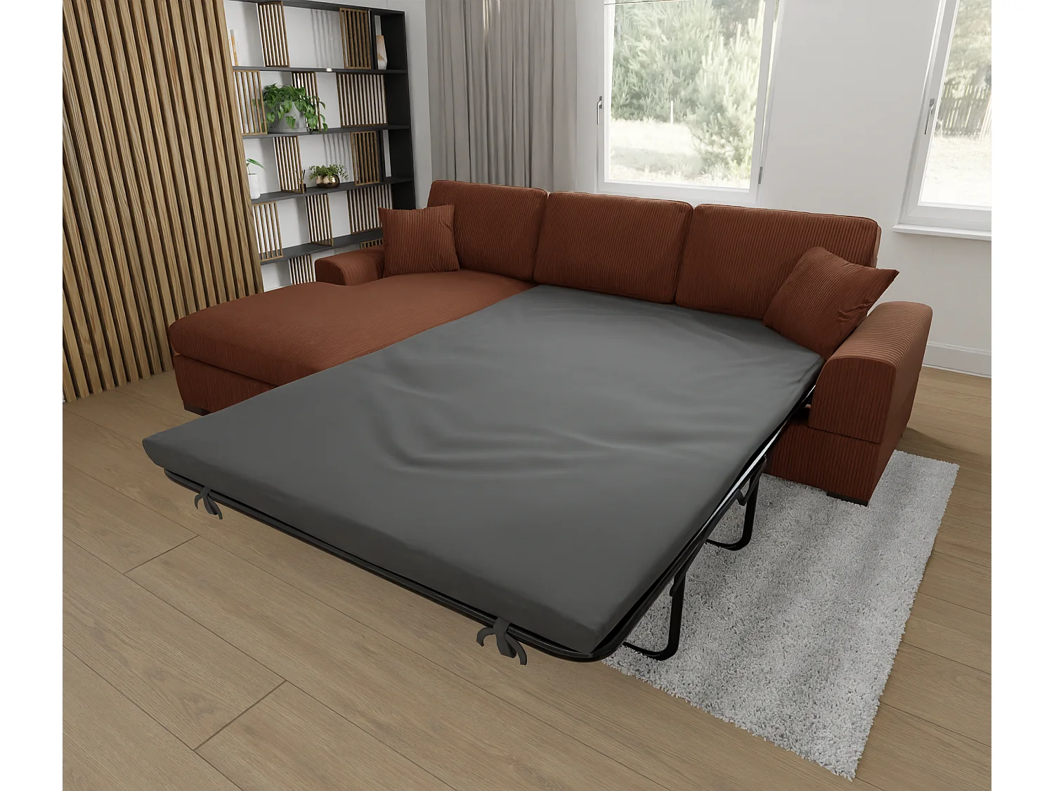 Canapé d’angle avec fonction lit en tissu côtelé terracotta, offrant un confort d’assise agréable, avec pieds en bois noir INGA