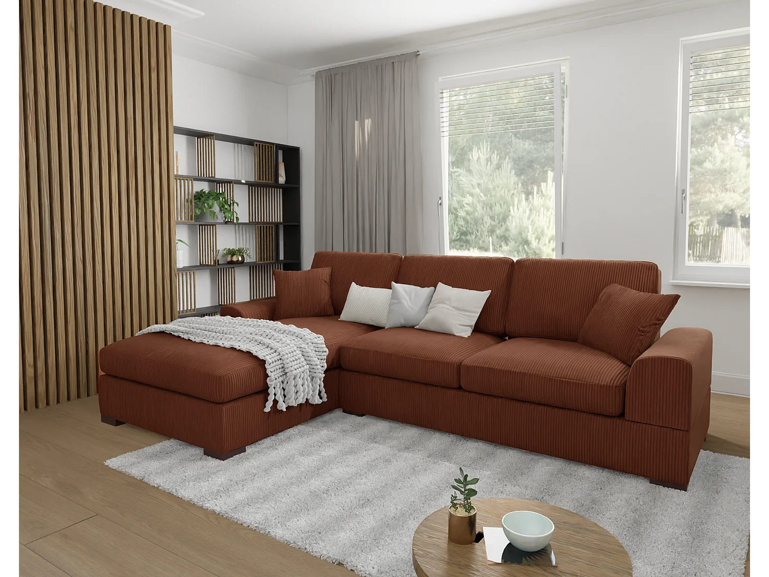 Canapé d’angle avec fonction lit en tissu côtelé terracotta, offrant un confort d’assise agréable, avec pieds en bois noir INGA