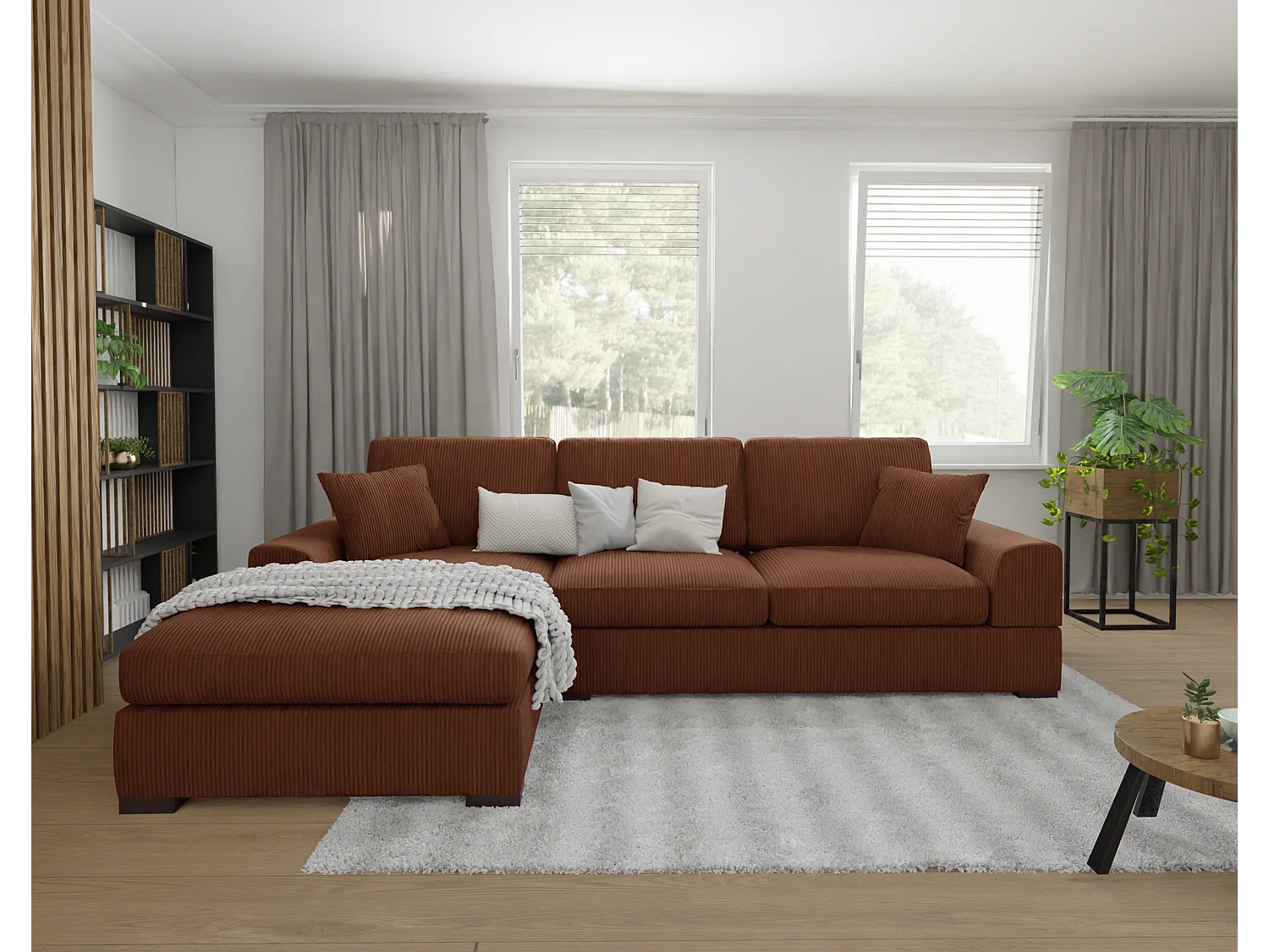 Canapé d’angle avec fonction lit en tissu côtelé terracotta, offrant un confort d’assise agréable, avec pieds en bois noir INGA