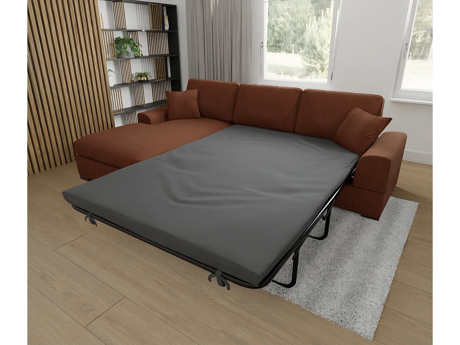 Canapé d’angle avec fonction lit en tissu côtelé terracotta, offrant un confort d’assise agréable, avec pieds en bois noir INGA