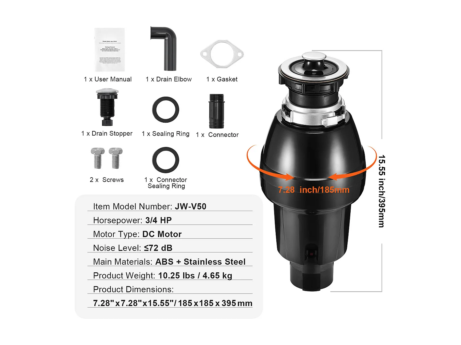 Küchenabfallzerkleinerer SucceBuy 3/4 PS, Nahrungsmittelabfall-Zerkleinerungssystem, Einfache Installation, 3930 U/min, mit Stromkabel