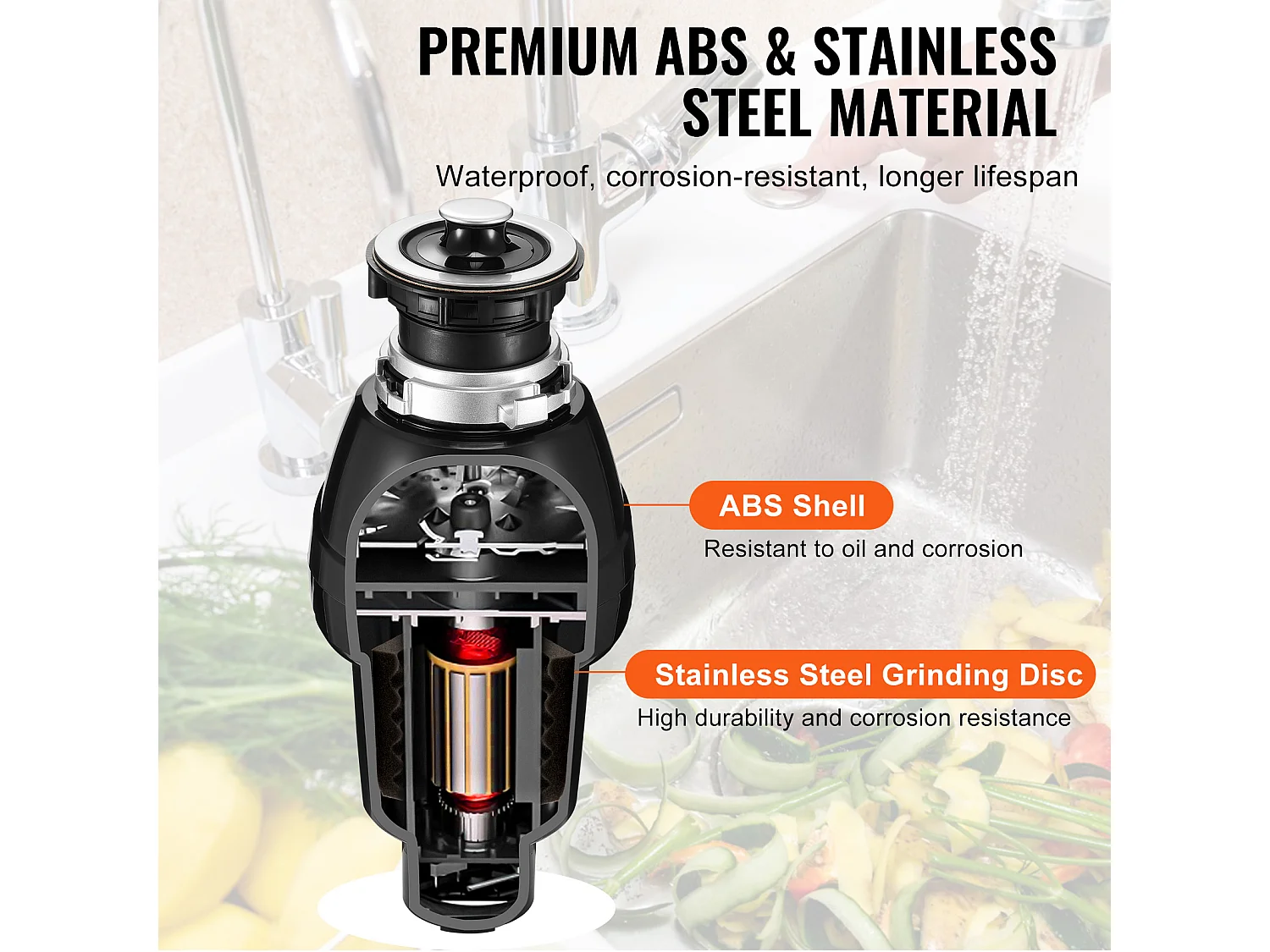 Broyeur de Déchets SucceBuy de Cuisine 3/4 CV, Système de Broyage des Déchets Alimentaires, Installation Facile, 3930 tr/min, avec Cordon d'Alimentation