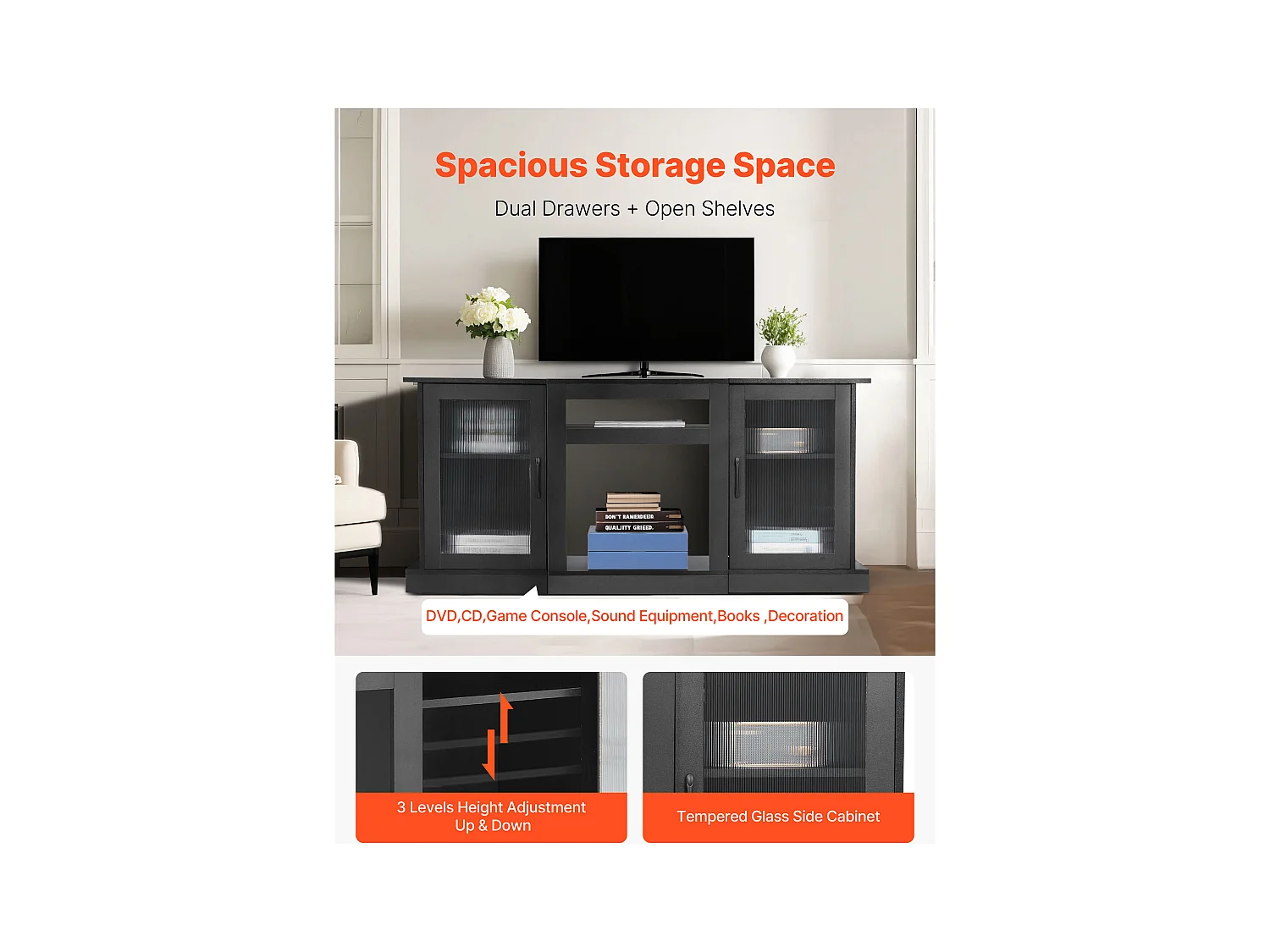 Meuble TV SucceBuy pour Téléviseurs jusqu'à 165 cm, Support Moderne en Bois avec Éclairage LED, Portes et Étagères Ajustables, Solution de Rangement