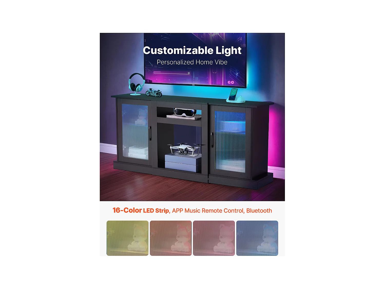 Meuble TV SucceBuy pour Téléviseurs jusqu'à 165 cm, Support Moderne en Bois avec Éclairage LED, Portes et Étagères Ajustables, Solution de Rangement