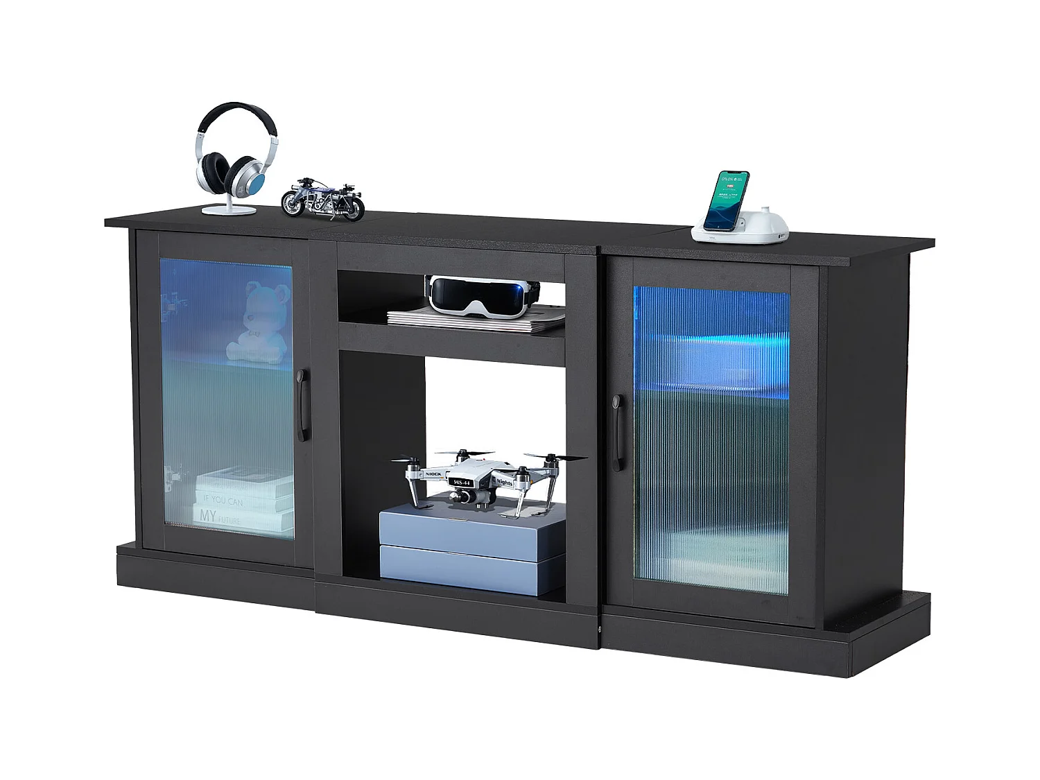 Meuble TV SucceBuy pour Téléviseurs jusqu'à 165 cm, Support Moderne en Bois avec Éclairage LED, Portes et Étagères Ajustables, Solution de Rangement