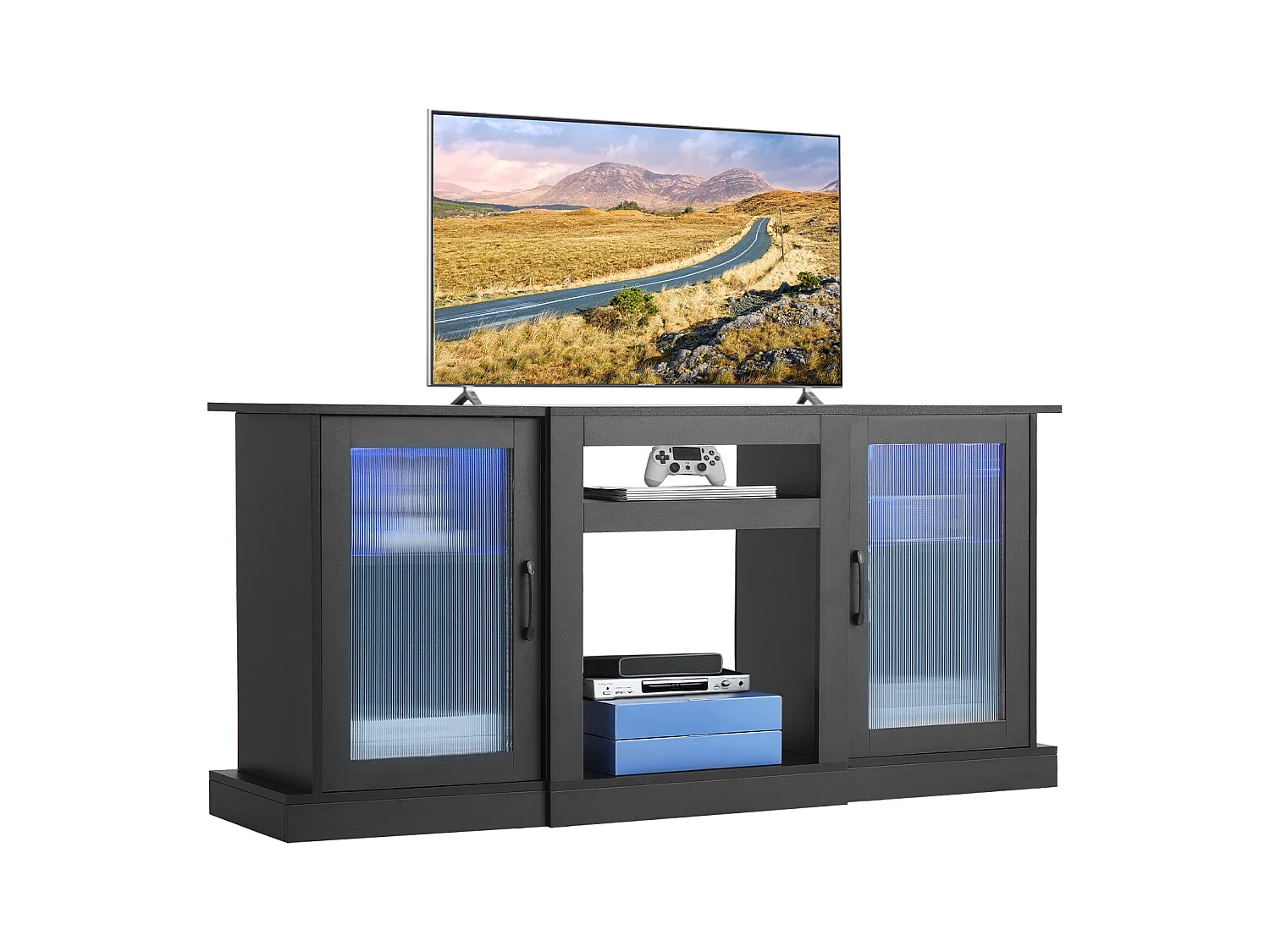 Meuble TV SucceBuy pour Téléviseurs jusqu'à 165 cm, Support Moderne en Bois avec Éclairage LED, Portes et Étagères Ajustables, Solution de Rangement