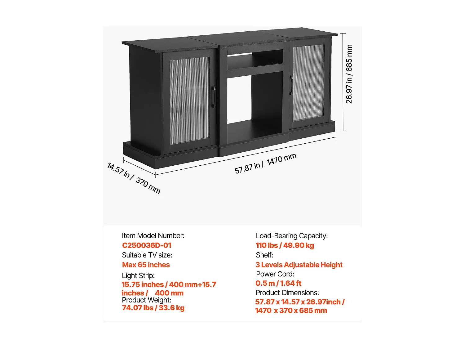 TV Meubel SucceBuy voor Televisies tot 165 cm, Moderne Houten Ondersteuning met LED Verlichting, Verstelbare Deuren en Planken, Opslagoplossing