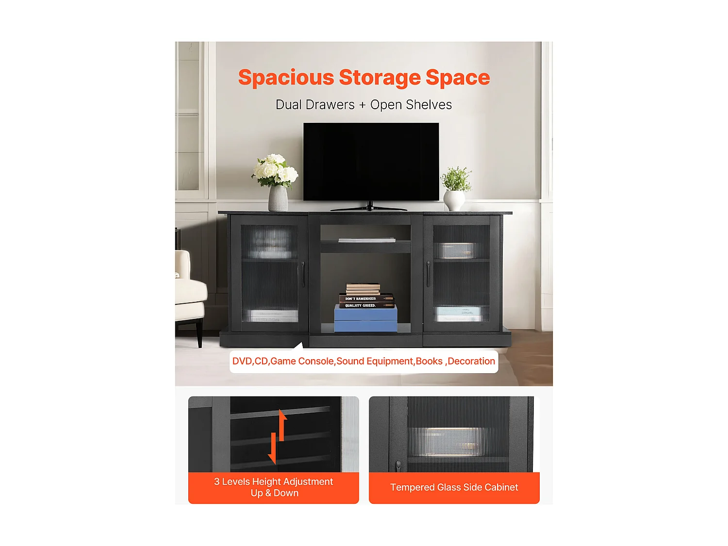 TV Meubel SucceBuy voor Televisies tot 165 cm, Moderne Houten Ondersteuning met LED Verlichting, Verstelbare Deuren en Planken, Opslagoplossing