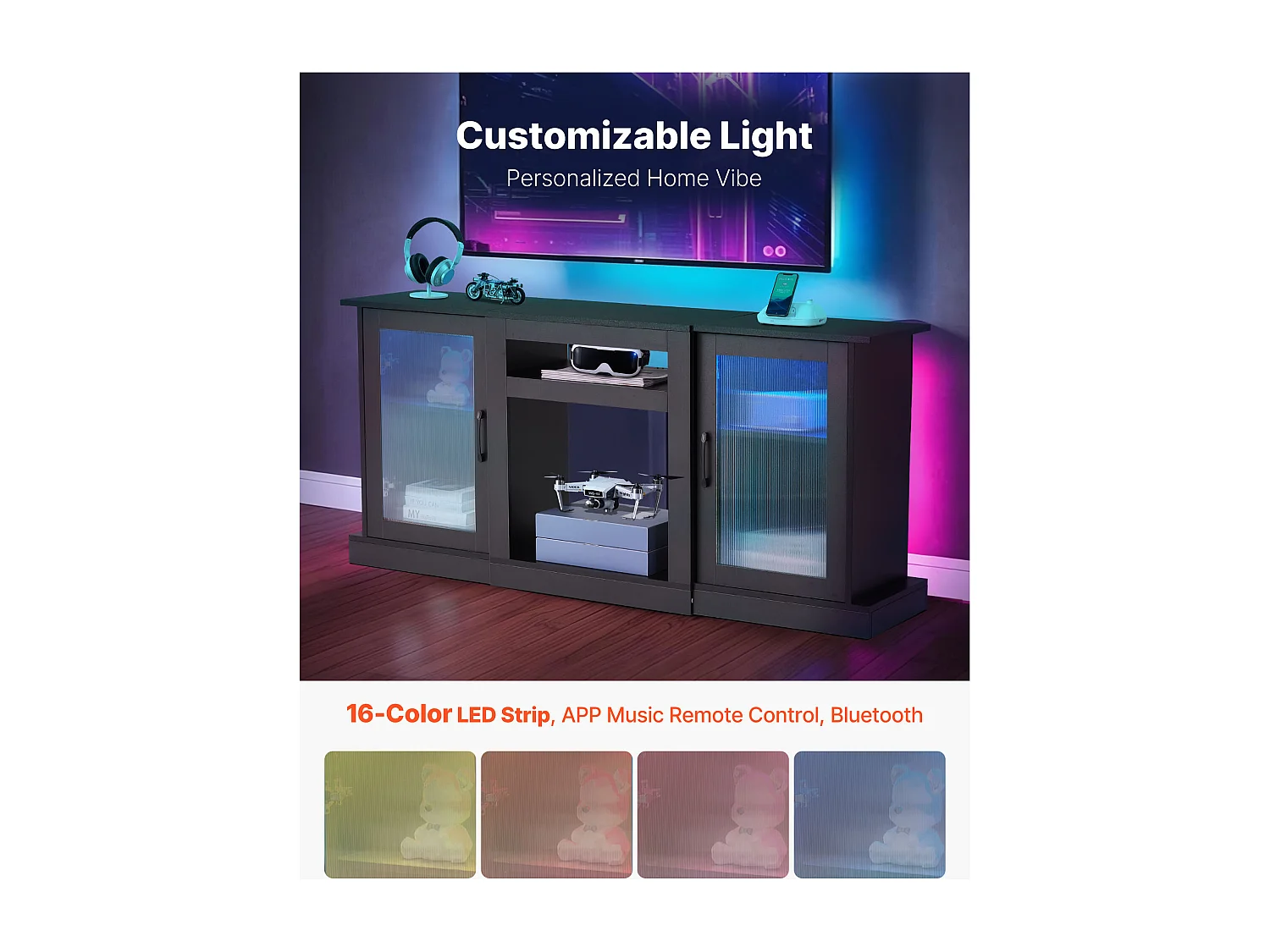 TV Meubel SucceBuy voor Televisies tot 165 cm, Moderne Houten Ondersteuning met LED Verlichting, Verstelbare Deuren en Planken, Opslagoplossing