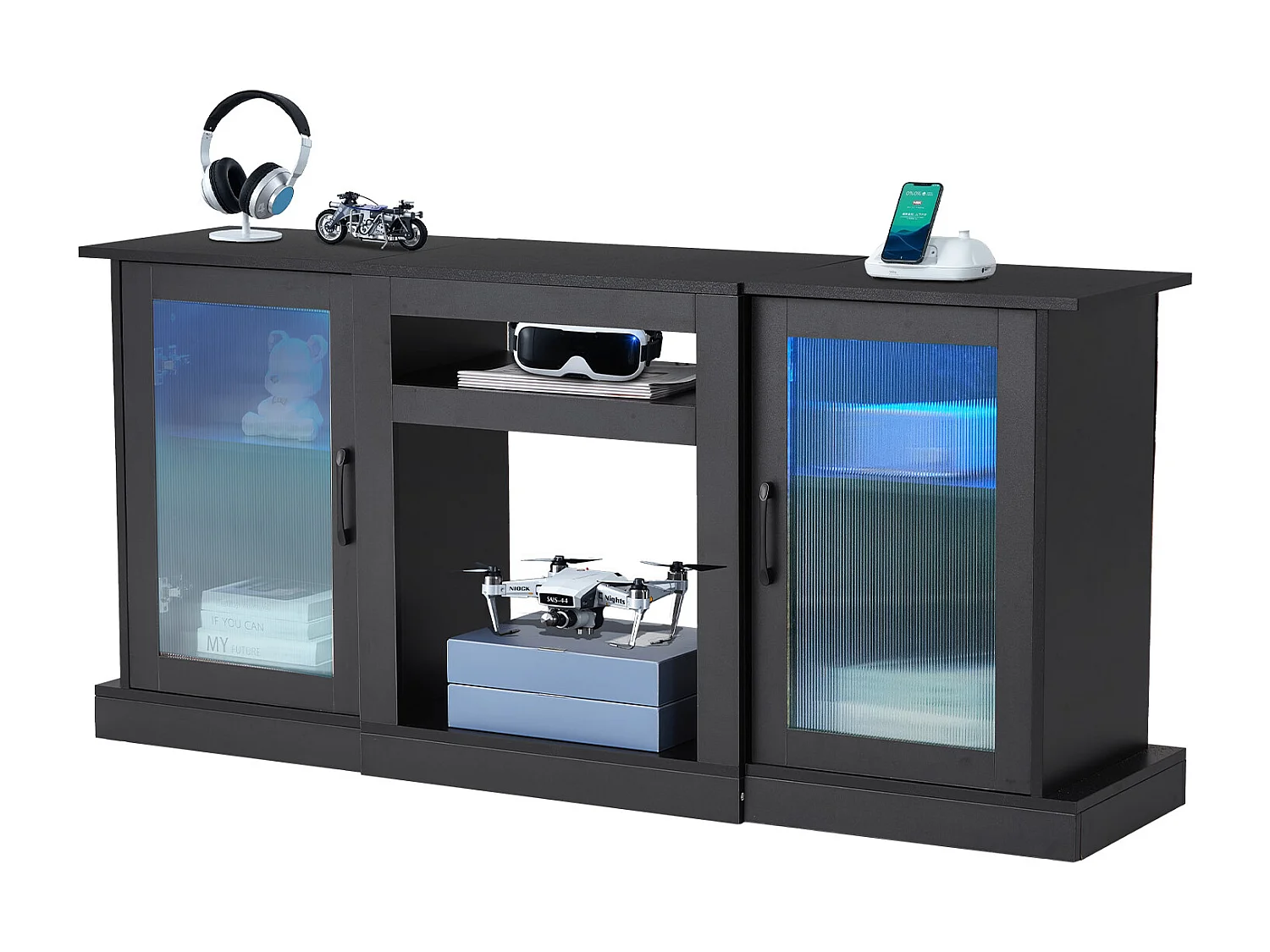 TV Meubel SucceBuy voor Televisies tot 165 cm, Moderne Houten Ondersteuning met LED Verlichting, Verstelbare Deuren en Planken, Opslagoplossing