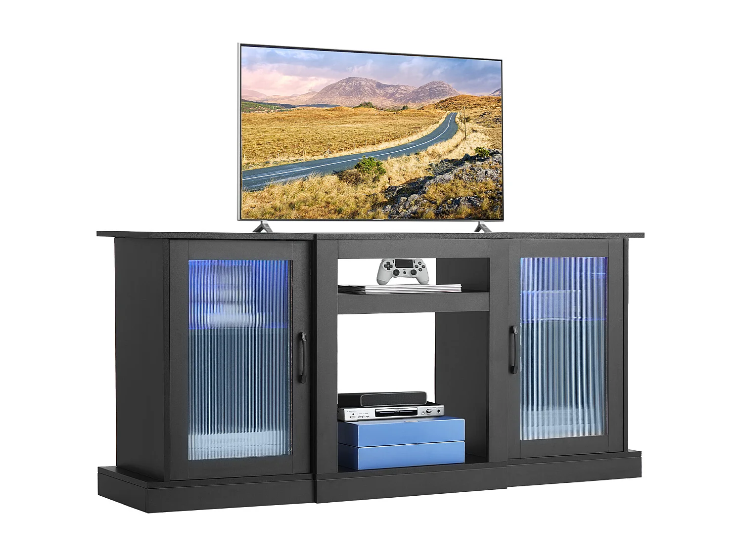 TV Meubel SucceBuy voor Televisies tot 165 cm, Moderne Houten Ondersteuning met LED Verlichting, Verstelbare Deuren en Planken, Opslagoplossing